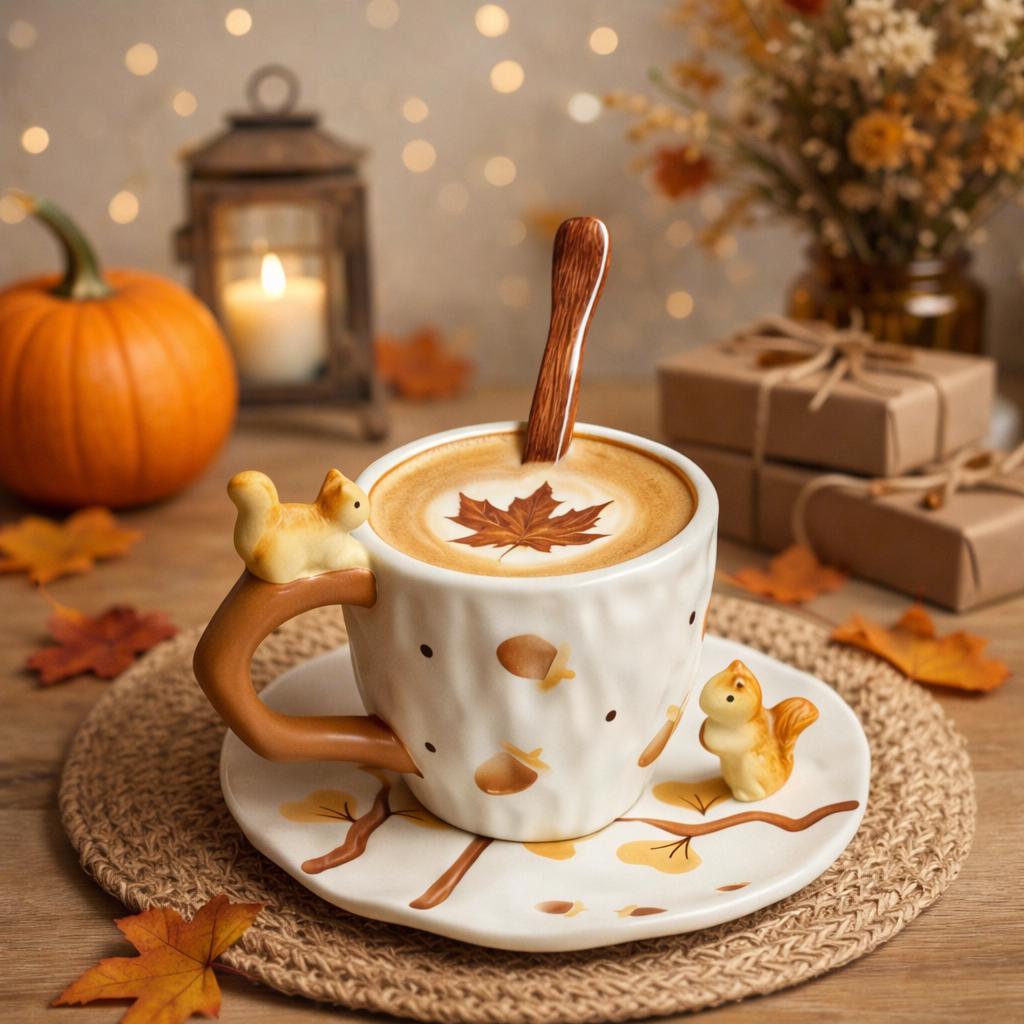 utumn Squirrel Woodland Ceramic Coffee Cup & Saucer Set – Branch Handle, Acorn & Maple Leaf Design