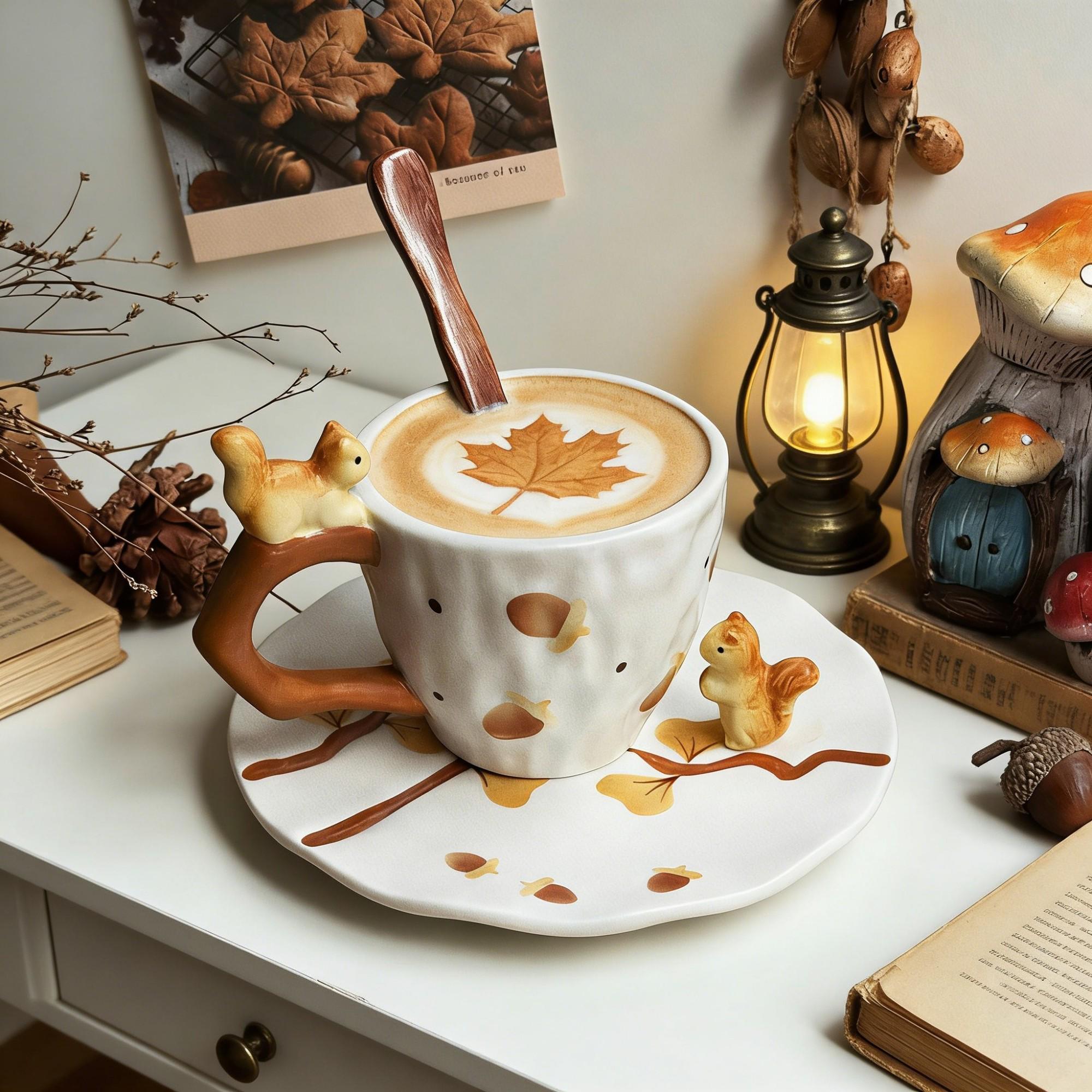 utumn Squirrel Woodland Ceramic Coffee Cup & Saucer Set – Branch Handle, Acorn & Maple Leaf Design - Image 2