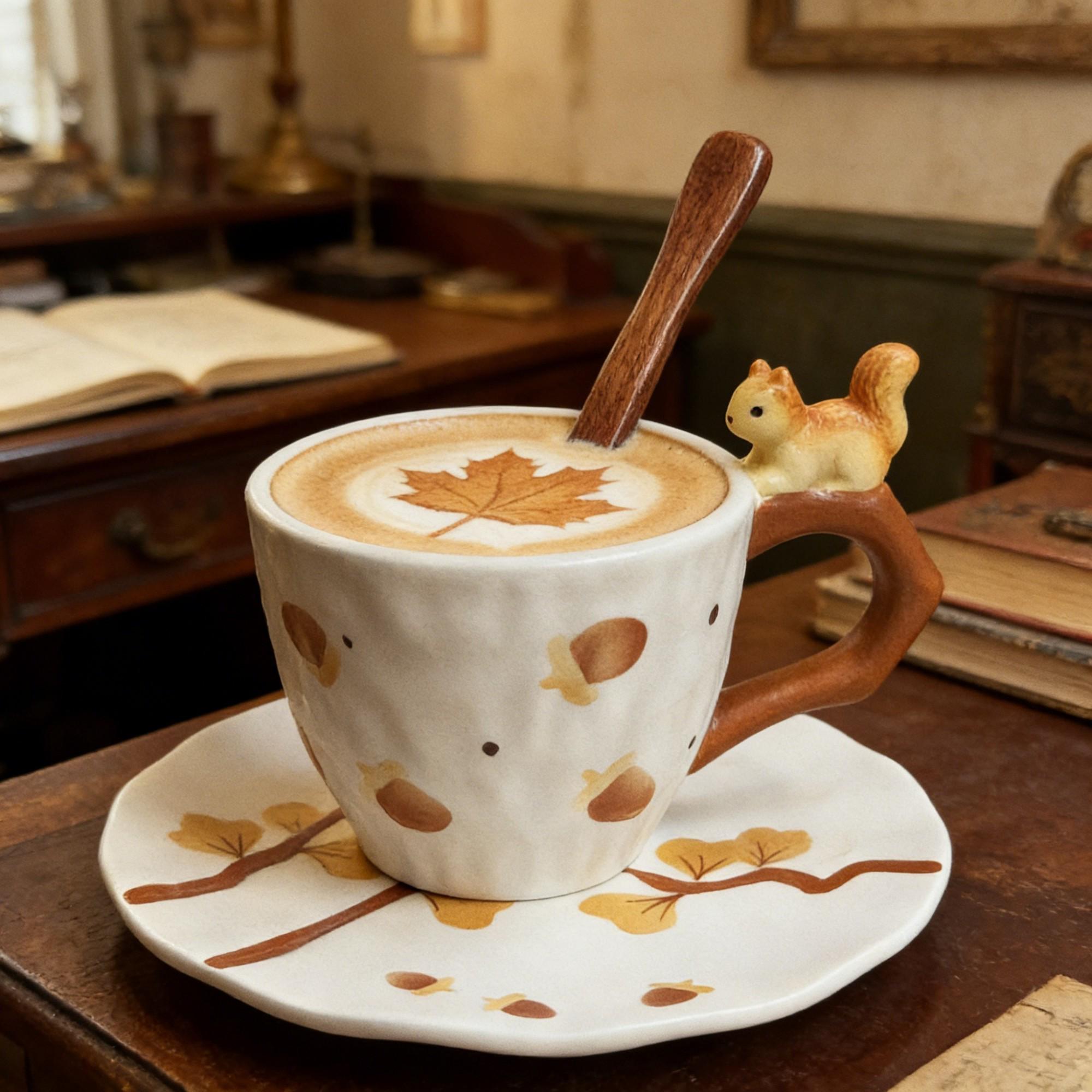 utumn Squirrel Woodland Ceramic Coffee Cup & Saucer Set – Branch Handle, Acorn & Maple Leaf Design - Image 3