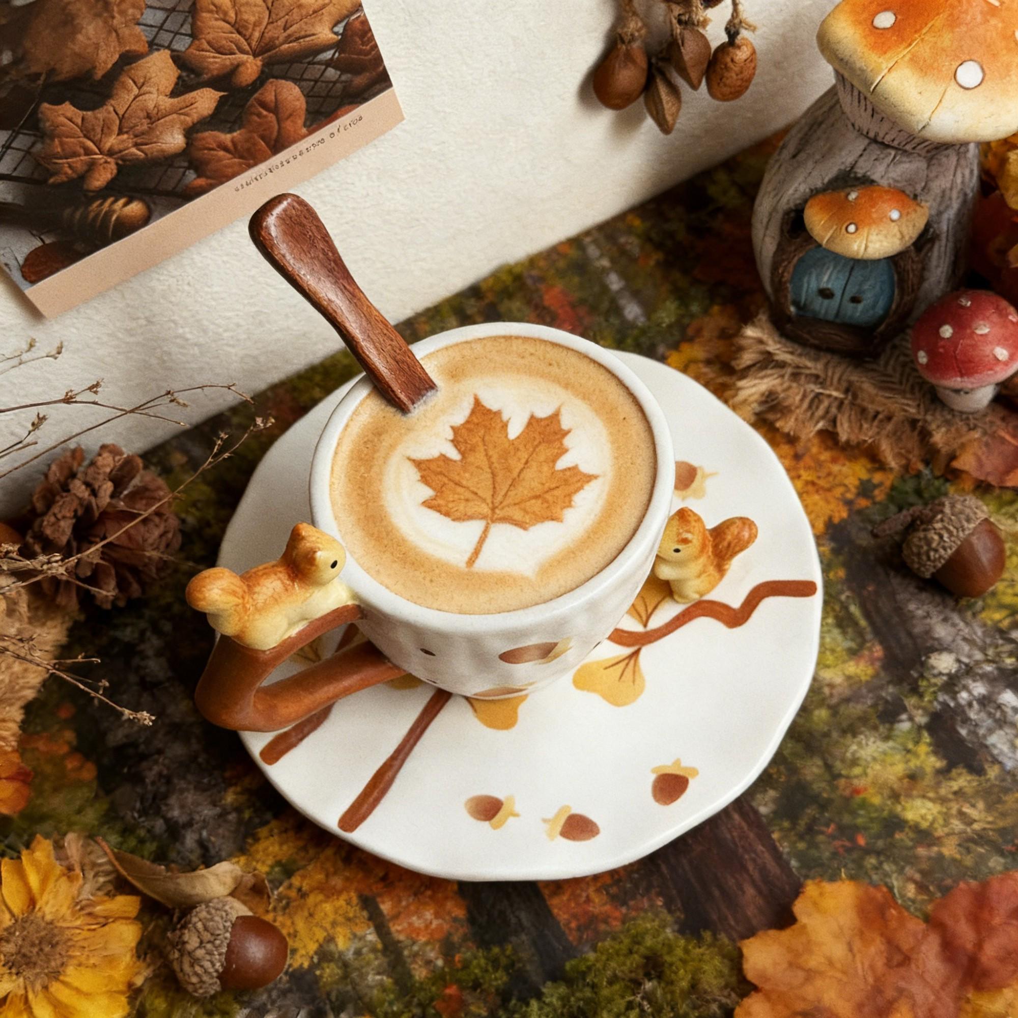utumn Squirrel Woodland Ceramic Coffee Cup & Saucer Set – Branch Handle, Acorn & Maple Leaf Design - Image 4