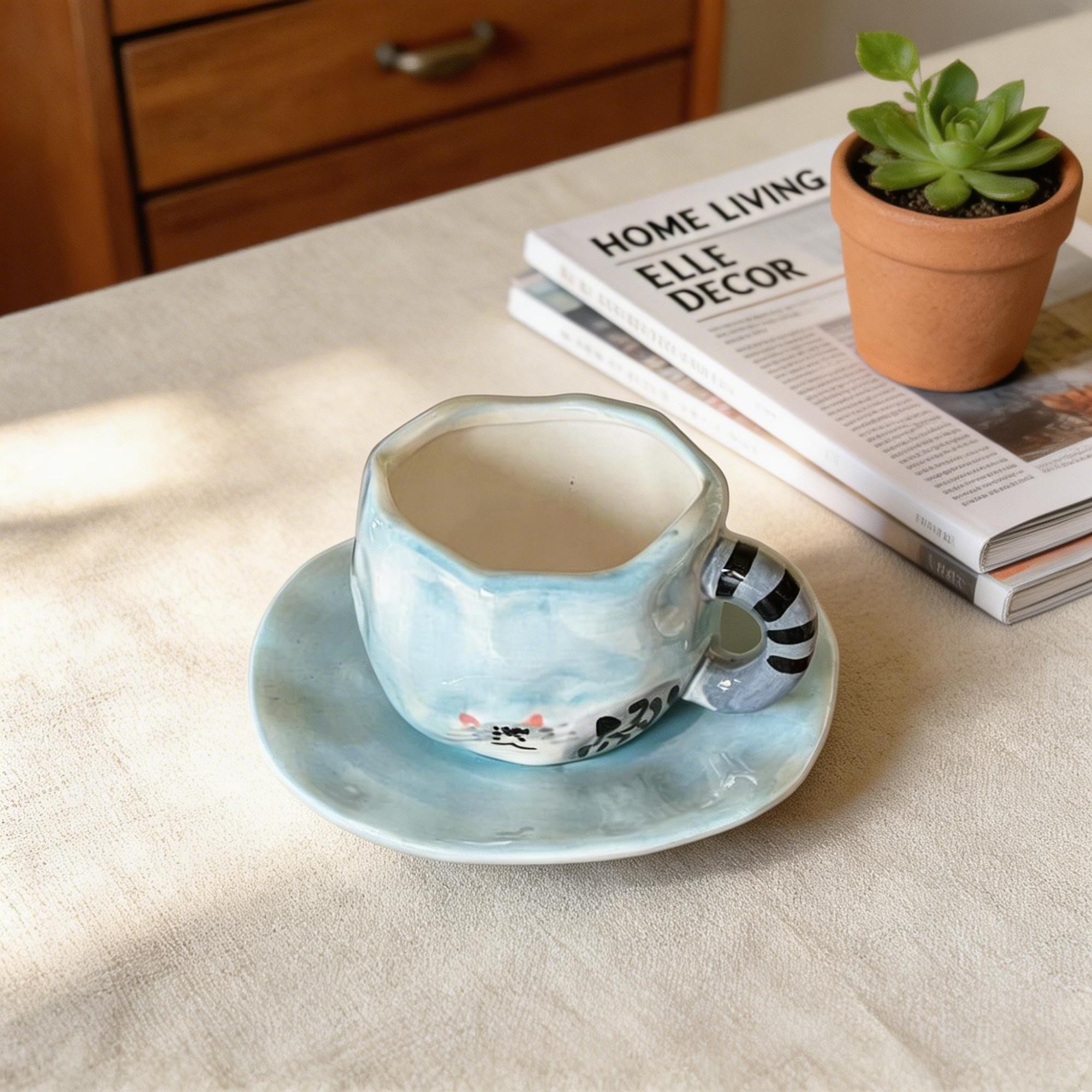 Blue Cat Tail Handle Ceramic Coffee Cup & Saucer Set – Wavy Rim Sculptural Kitty Design