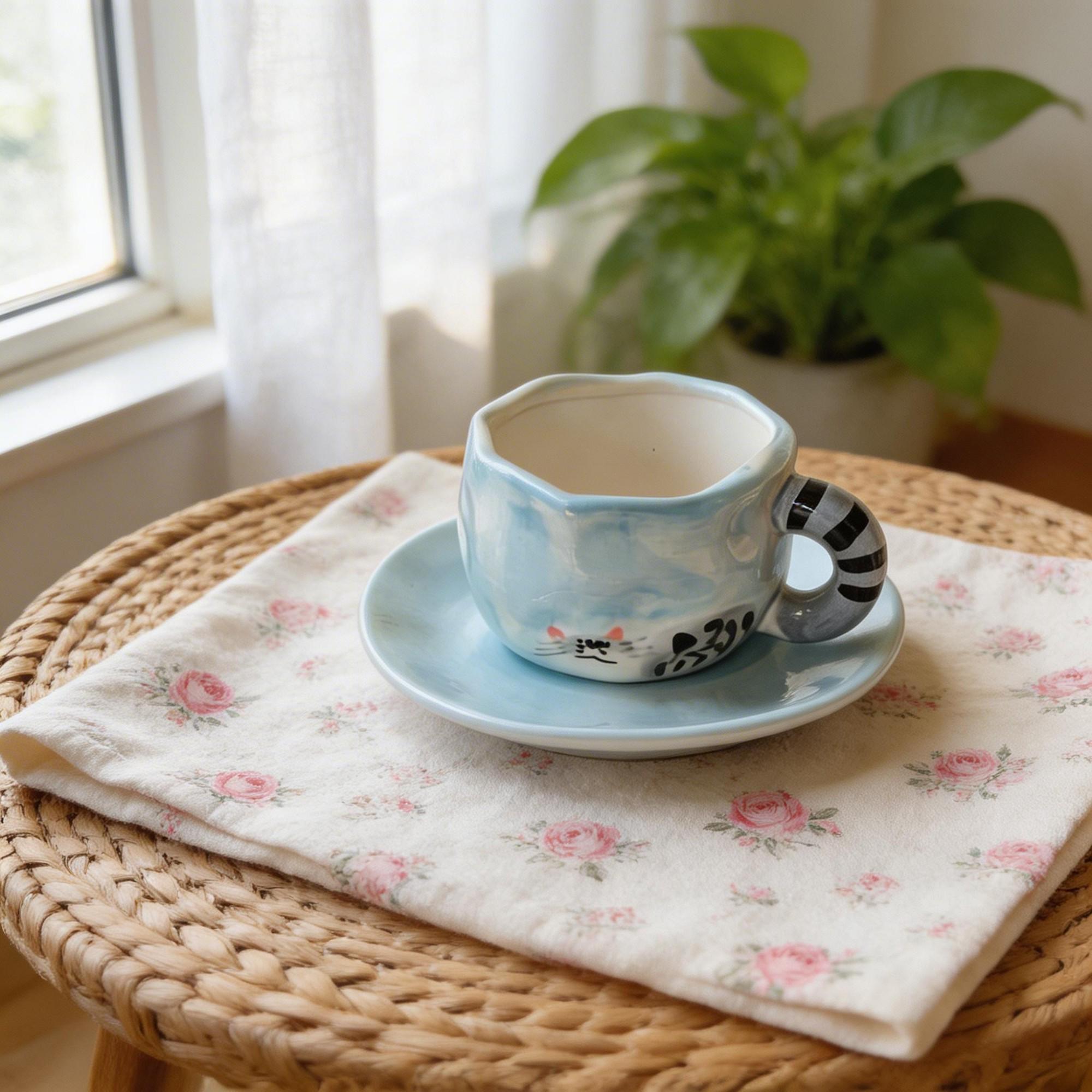Blue Cat Tail Handle Ceramic Coffee Cup & Saucer Set – Wavy Rim Sculptural Kitty Design - Image 2