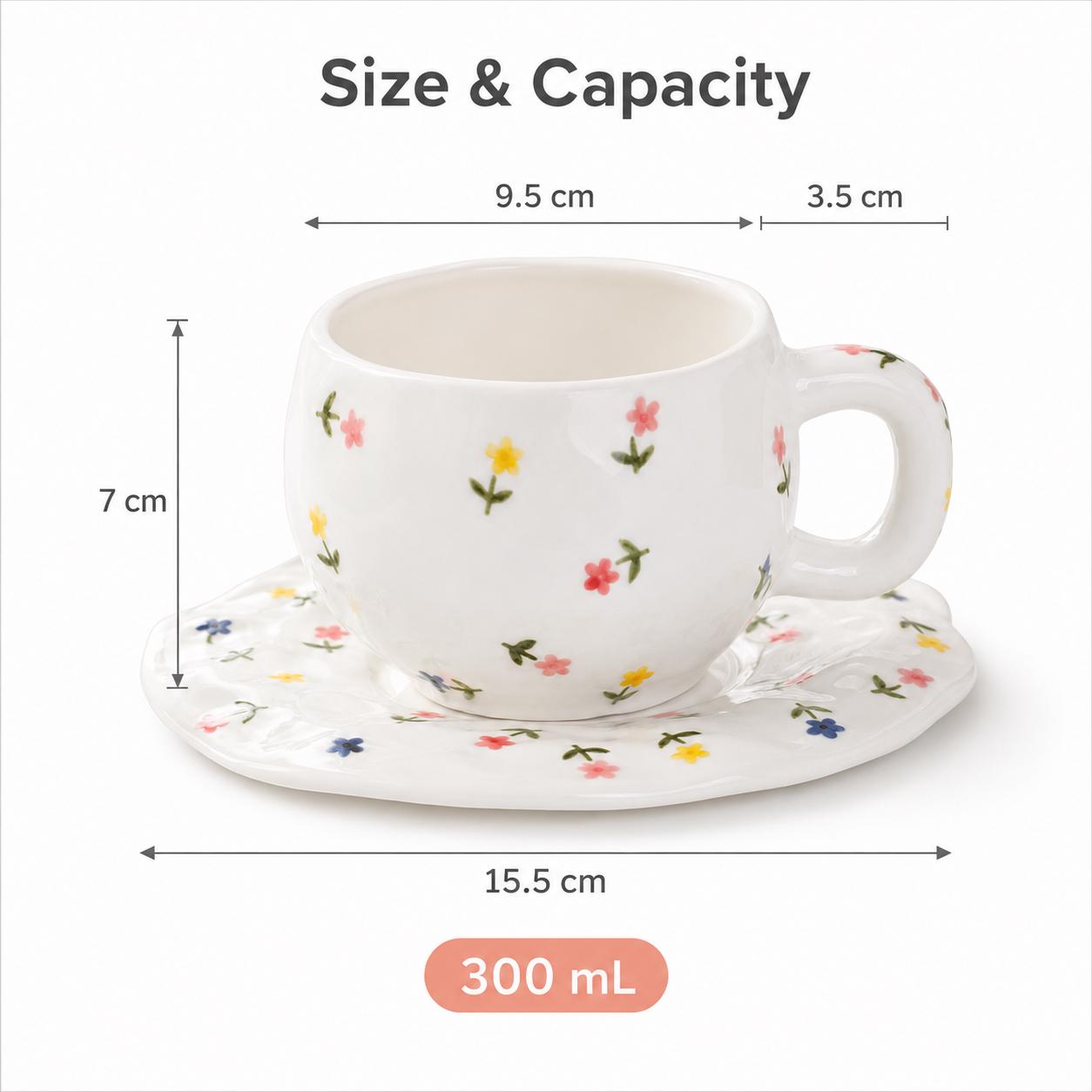 Tiny Wildflower Rounded Ceramic Coffee Cup & Embossed Petal Saucer Set – Multicolor Floral Design - Image 3