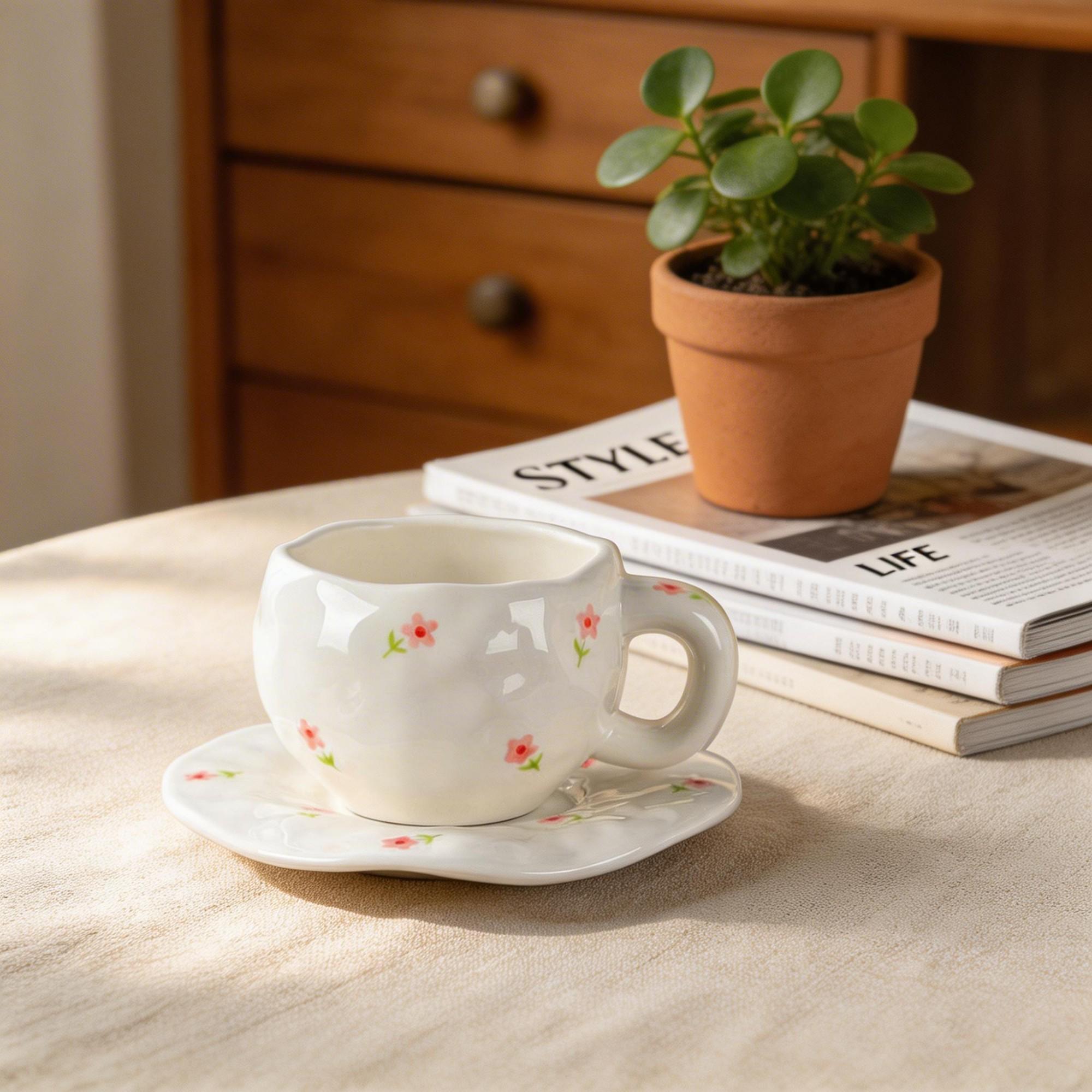 Tiny Wildflower Rounded Ceramic Coffee Cup & Embossed Petal Saucer Set – Multicolor Floral Design - Image 2
