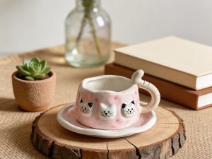 Pink Triple Cat Face Ceramic Coffee Cup & Saucer Set – Sculpted Kitty Tail Handle Design