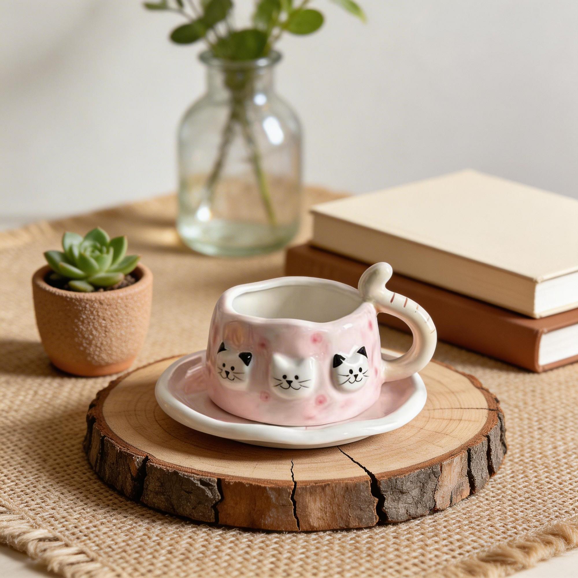 Pink Triple Cat Face Ceramic Coffee Cup & Saucer Set – Sculpted Kitty Tail Handle Design