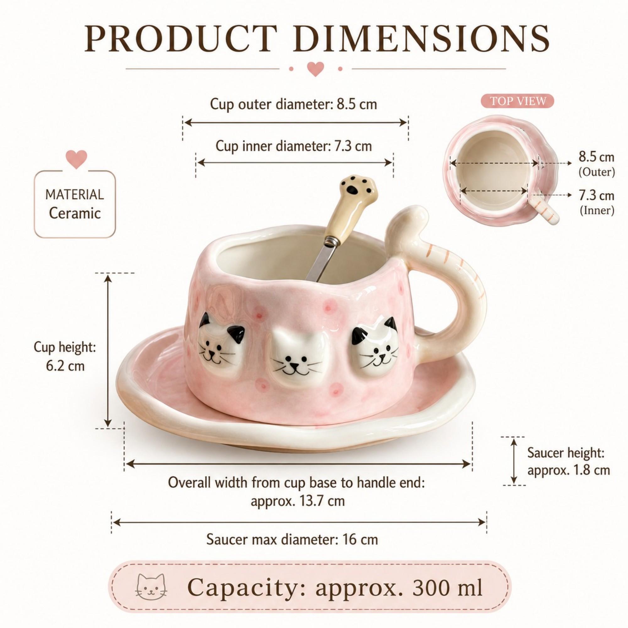 Pink Triple Cat Face Ceramic Coffee Cup & Saucer Set – Sculpted Kitty Tail Handle Design - Image 4
