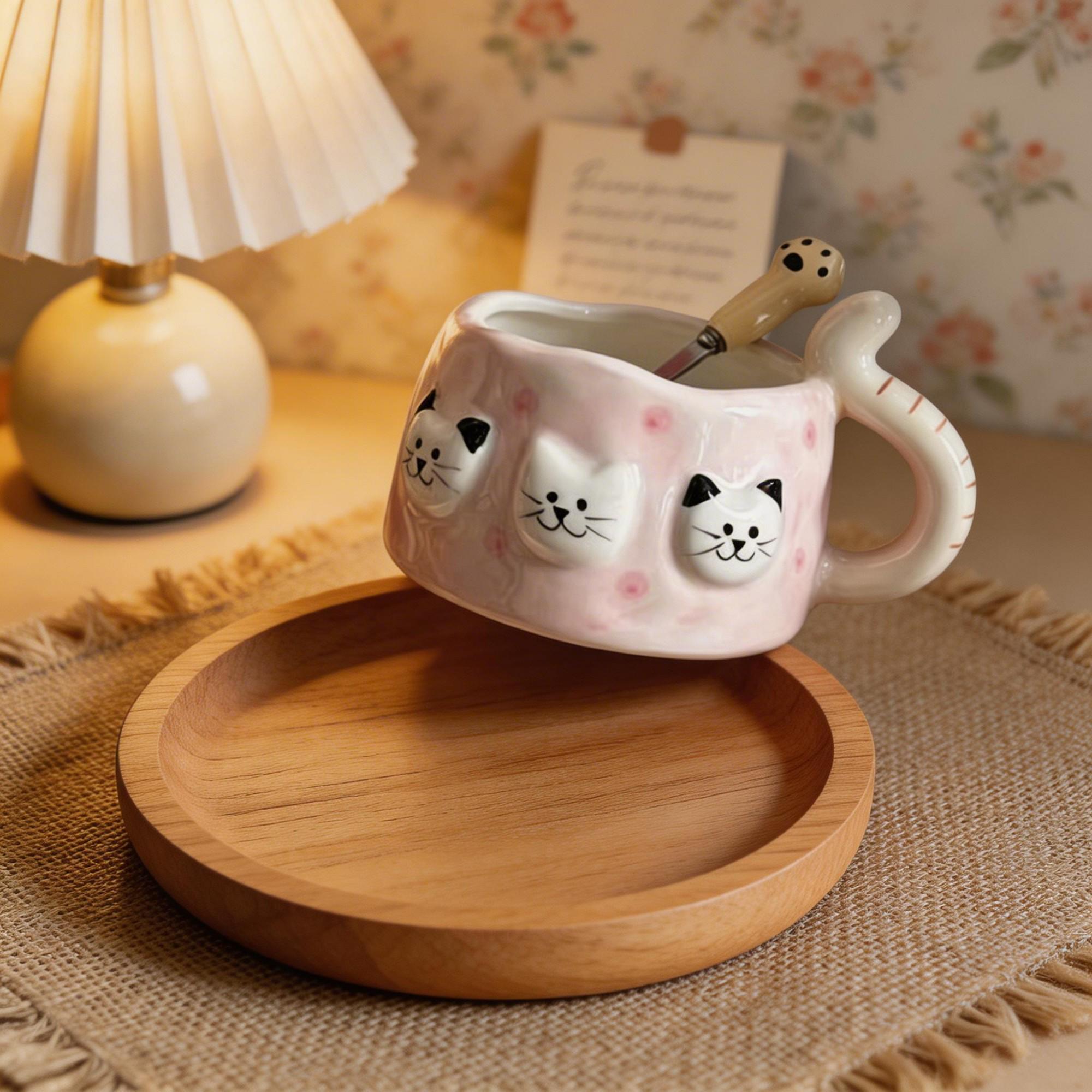 Pink Triple Cat Face Ceramic Coffee Cup & Saucer Set – Sculpted Kitty Tail Handle Design - Image 2