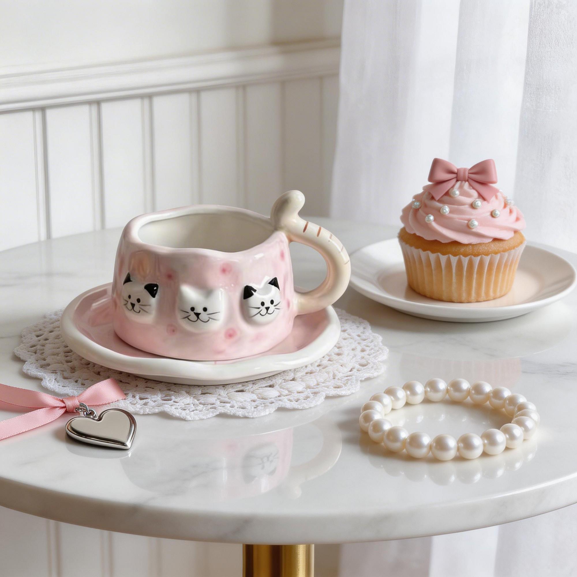 Pink Triple Cat Face Ceramic Coffee Cup & Saucer Set – Sculpted Kitty Tail Handle Design - Image 5