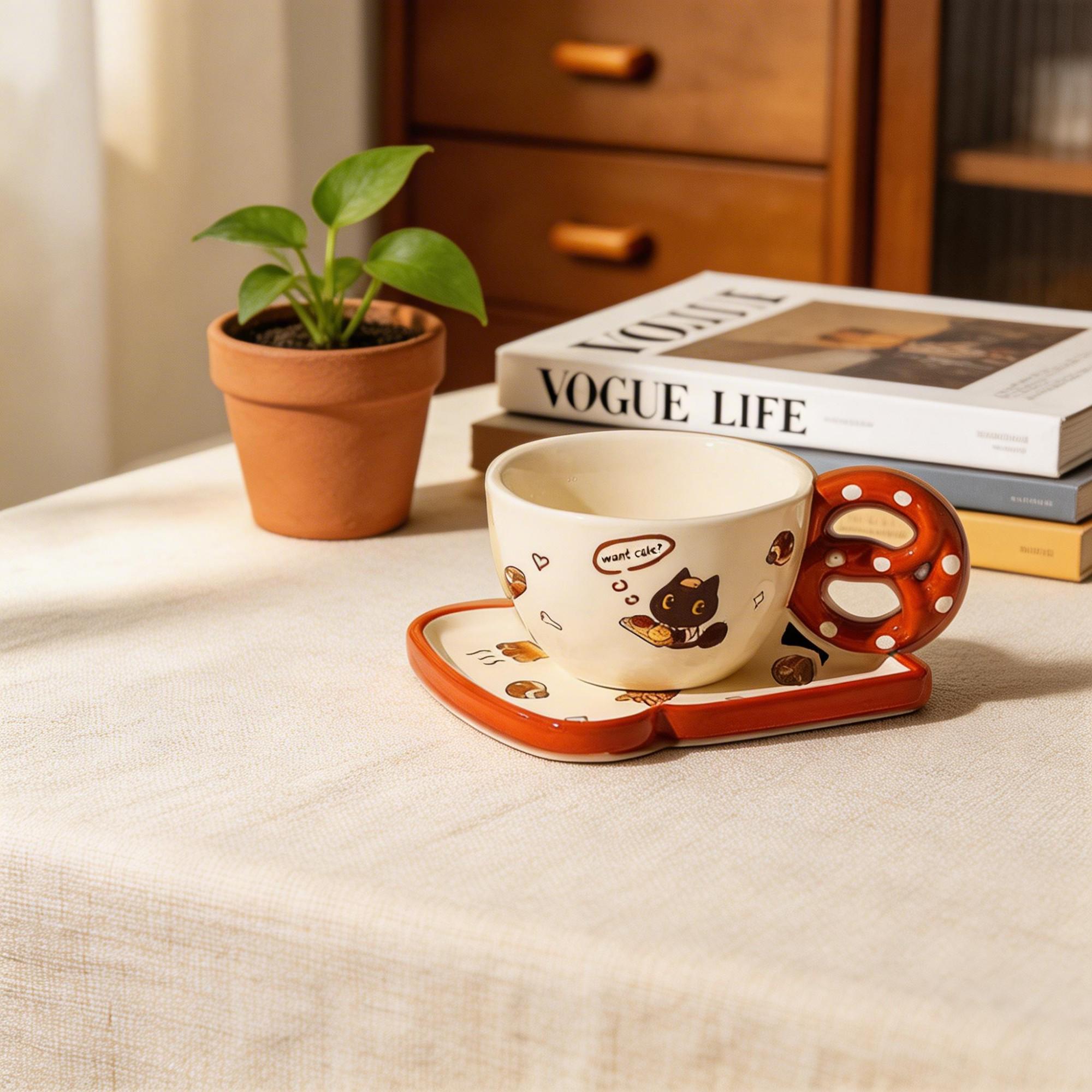 Black Cat Pretzel Handle Ceramic Coffee Cup & Saucer Set – Polka Dot Sculptural Handle Design - Image 3