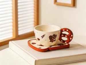 Black Cat Pretzel Handle Ceramic Coffee Cup & Saucer Set – Polka Dot Sculptural Handle Design