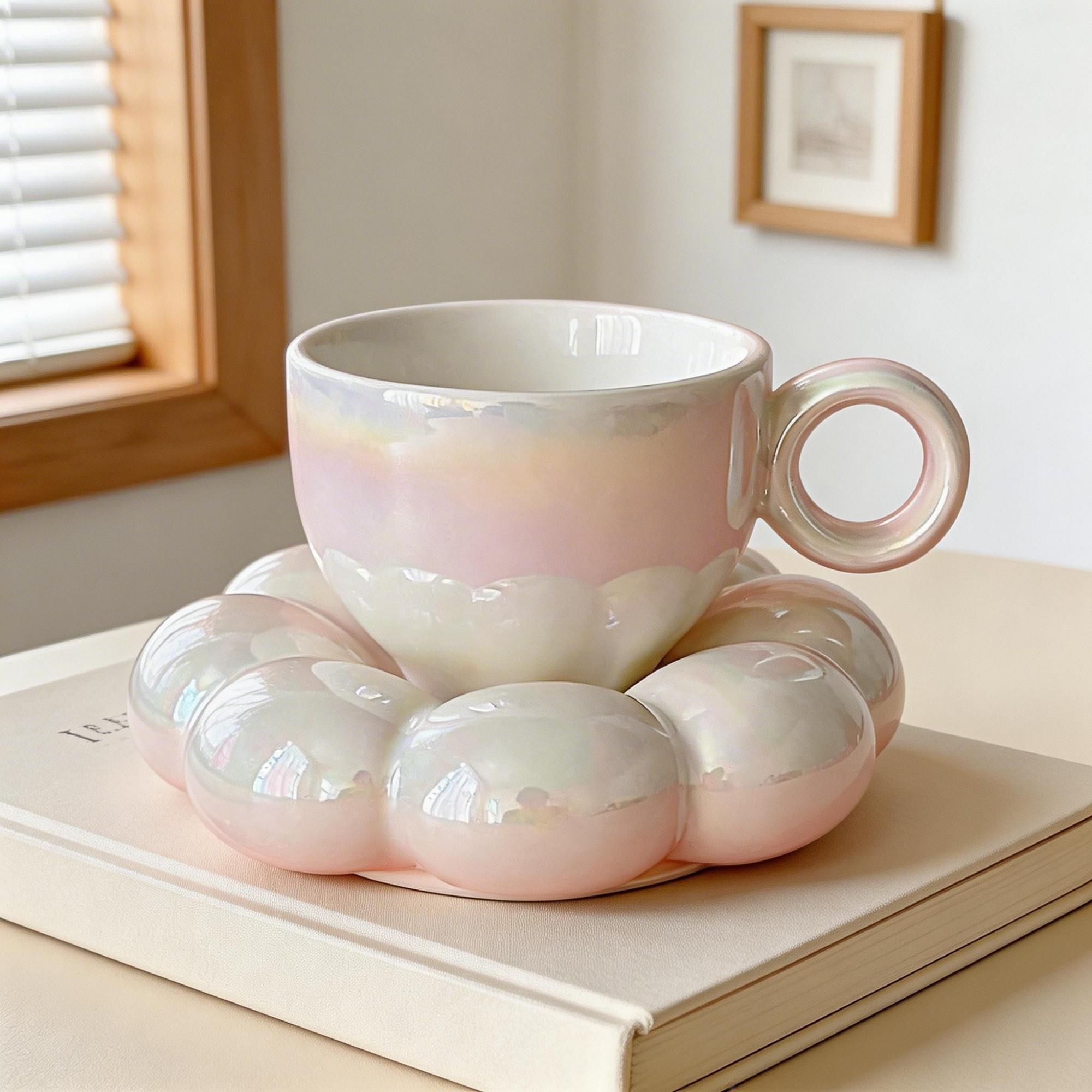 Pink Pearl Bubble Flower Ceramic Coffee Cup & Saucer Set – Round Ring Handle Petal Design