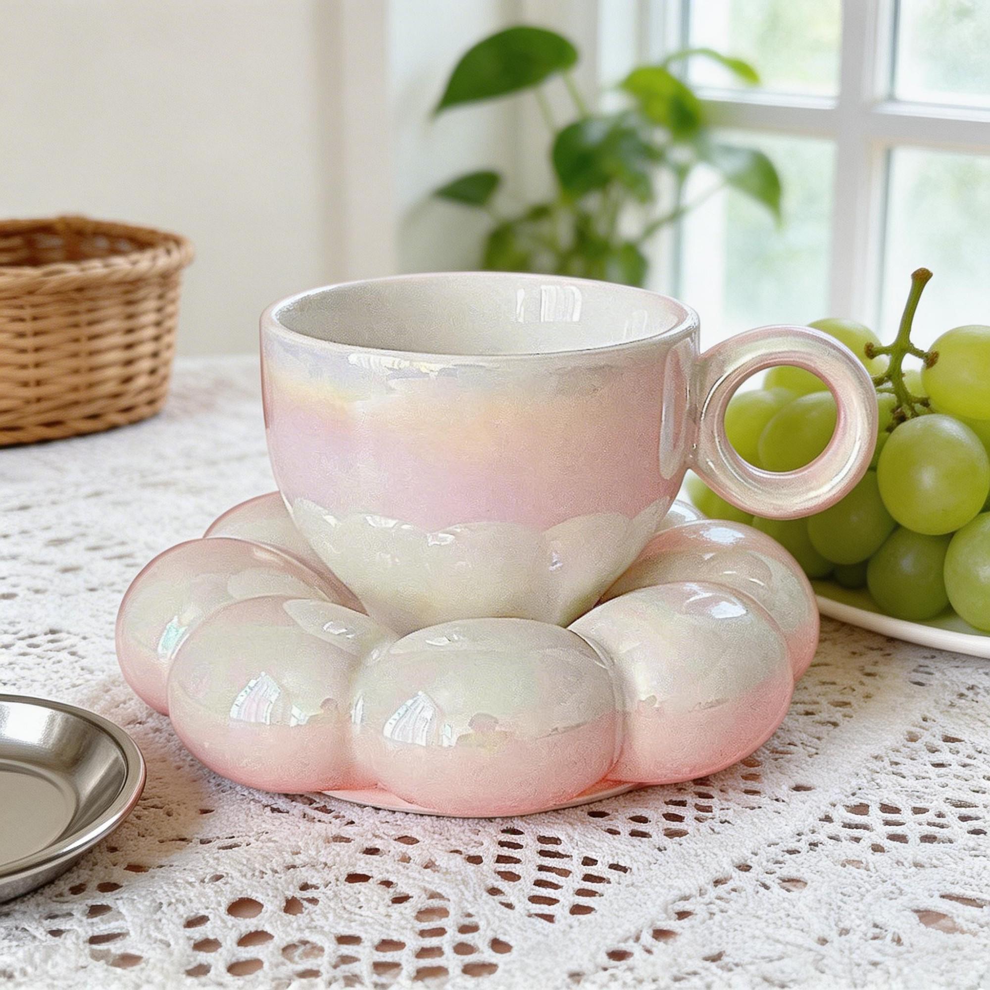 Pink Pearl Bubble Flower Ceramic Coffee Cup & Saucer Set – Round Ring Handle Petal Design - Image 2