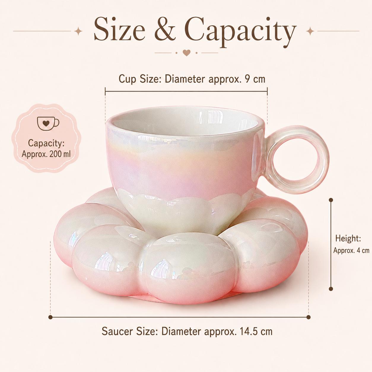 Pink Pearl Bubble Flower Ceramic Coffee Cup & Saucer Set – Round Ring Handle Petal Design - Image 3