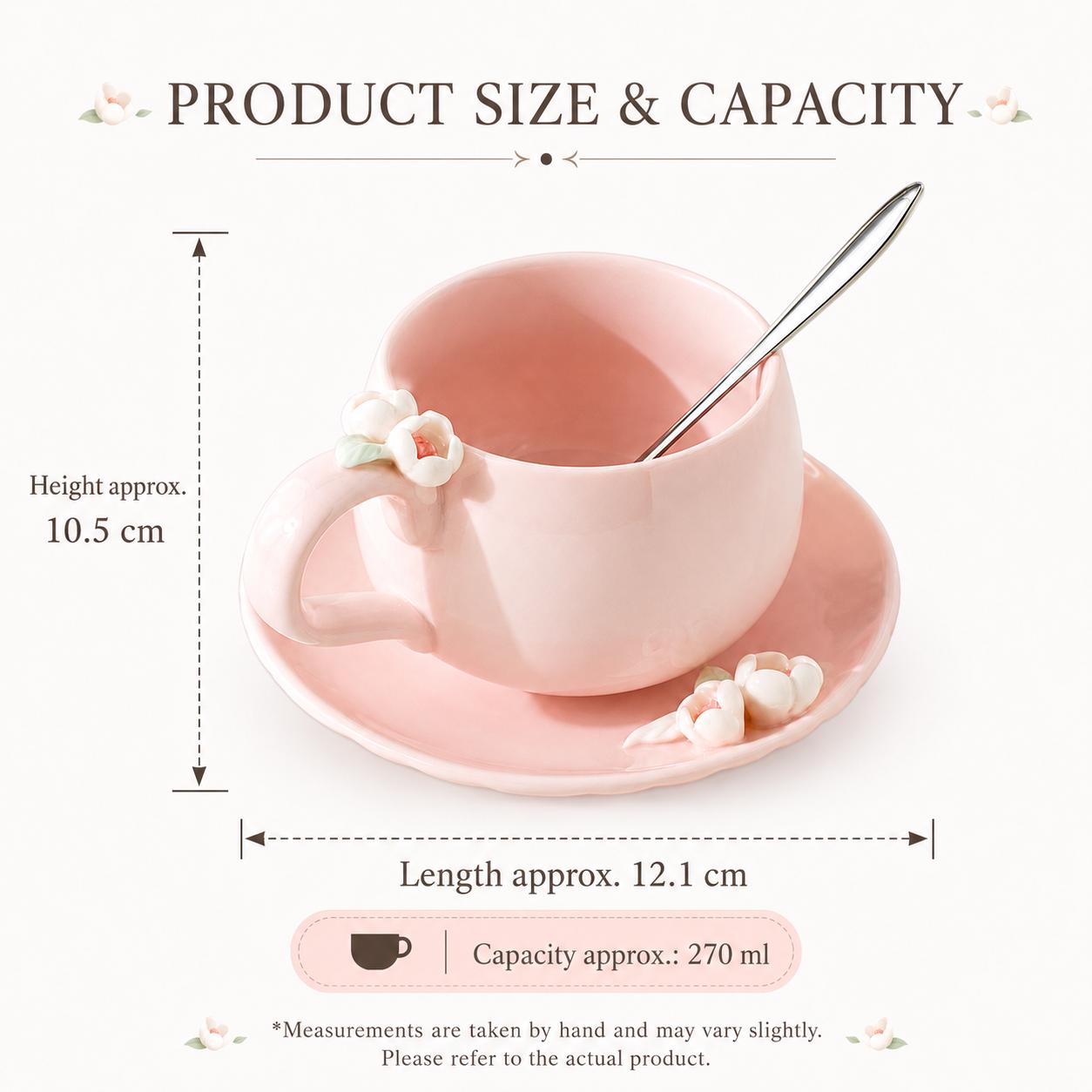 Pink Blossom Petal-Shaped Ceramic Coffee Cup & Saucer Set – Sculpted Flower Accent Design - Image 3