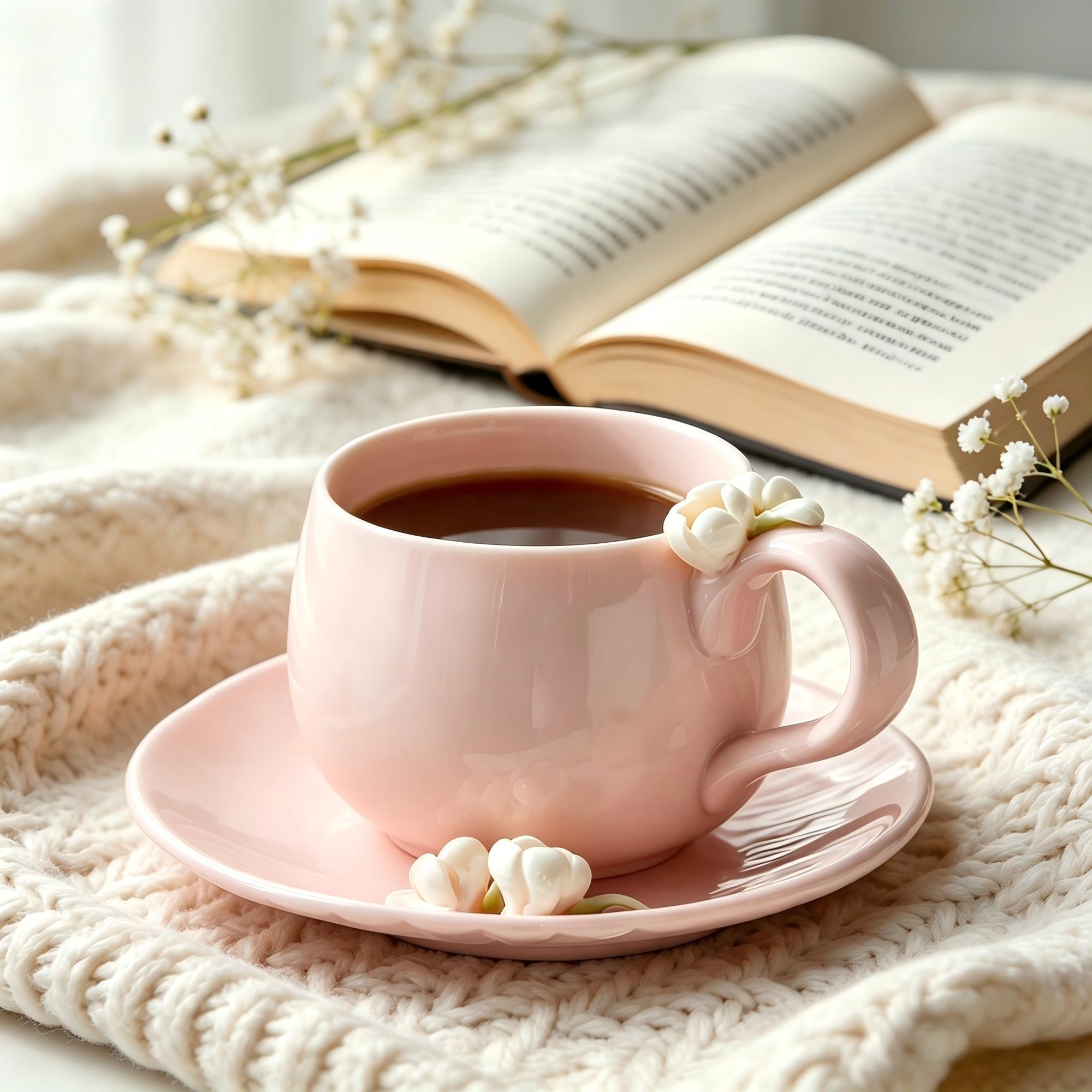 Pink Blossom Petal-Shaped Ceramic Coffee Cup & Saucer Set – Sculpted Flower Accent Design - Image 4
