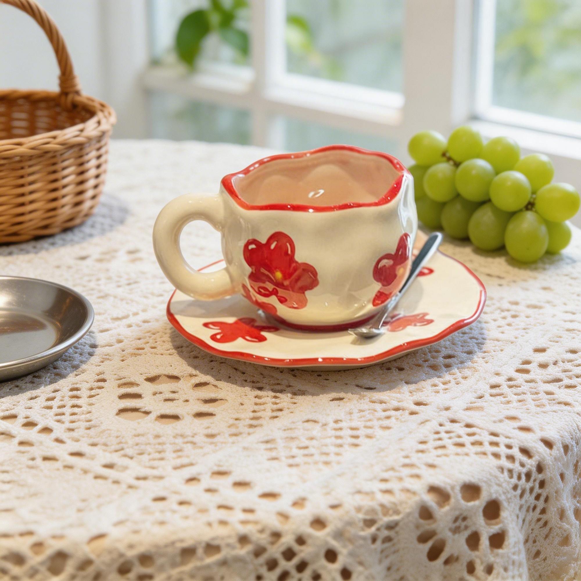 Red Poppy Wavy Rim Ceramic Coffee Cup & Saucer Set – Hand-Painted Floral Scalloped Design