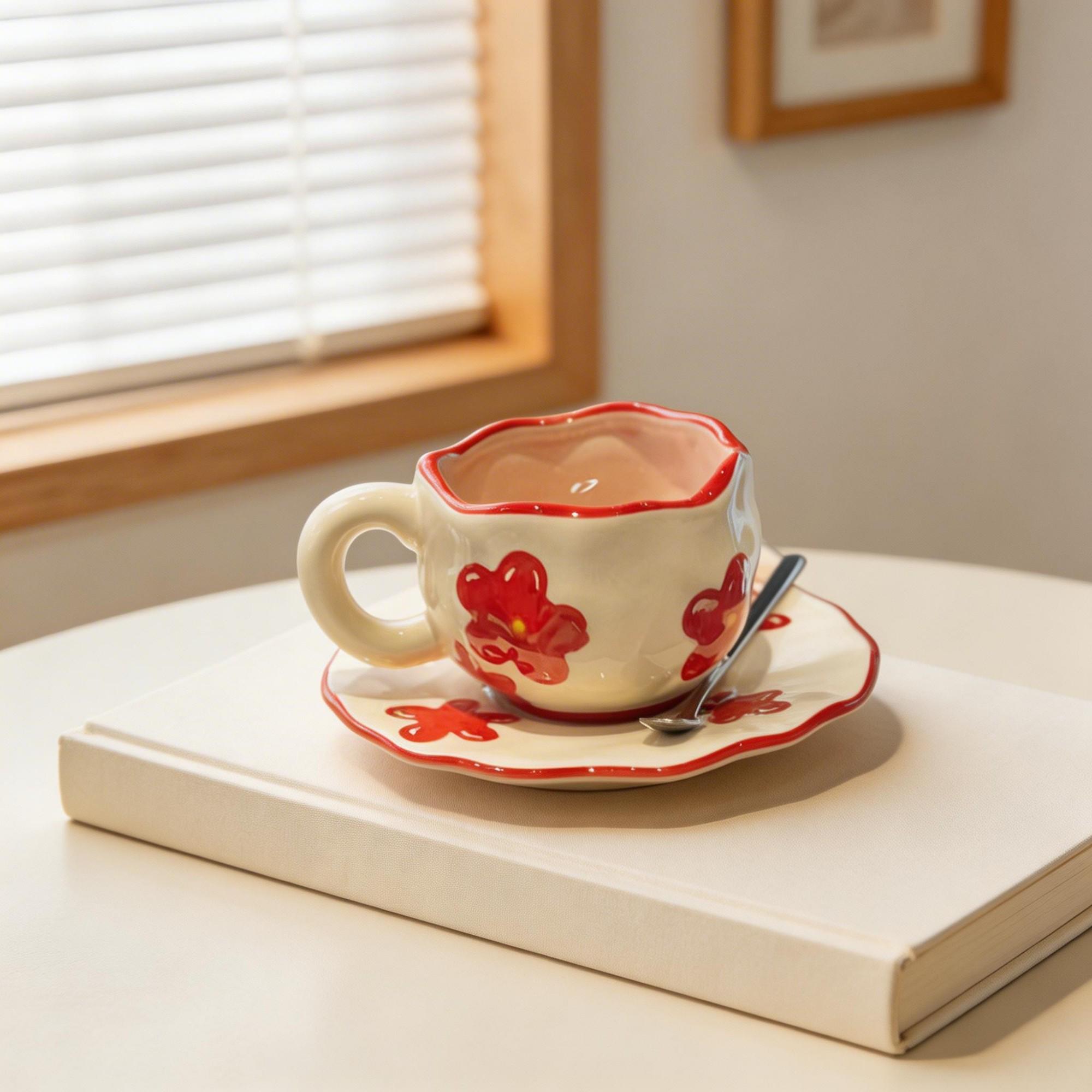 Red Poppy Wavy Rim Ceramic Coffee Cup & Saucer Set – Hand-Painted Floral Scalloped Design - Image 2