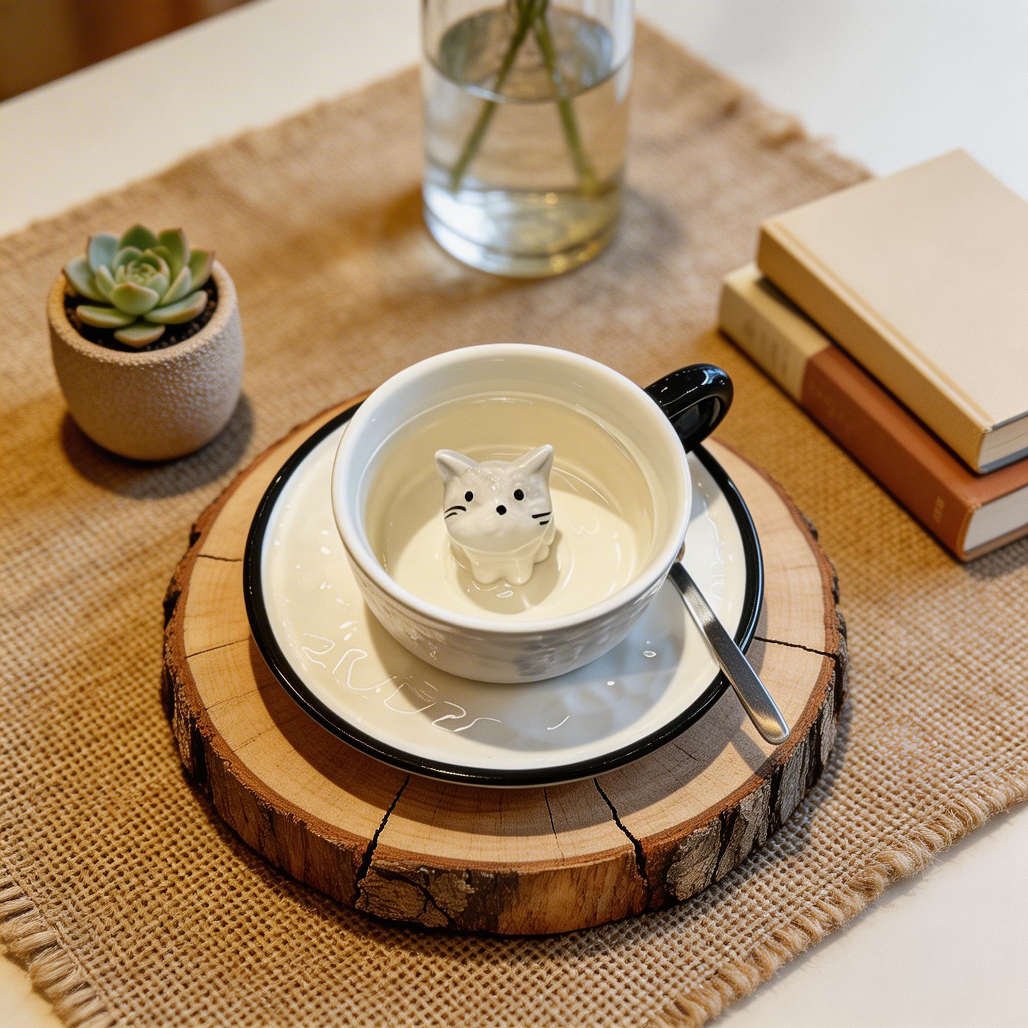 Peekaboo Cat Ceramic Coffee Cup & Saucer Set – 3D Kitty Inside Cup Black Rim Design - Image 3