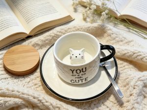 Peekaboo Cat Ceramic Coffee Cup & Saucer Set – 3D Kitty Inside Cup Black Rim Design