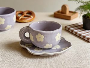 Lavender Wavy Blossom Ceramic Coffee Cup & Saucer Set – Sculpted Flower Scalloped Design