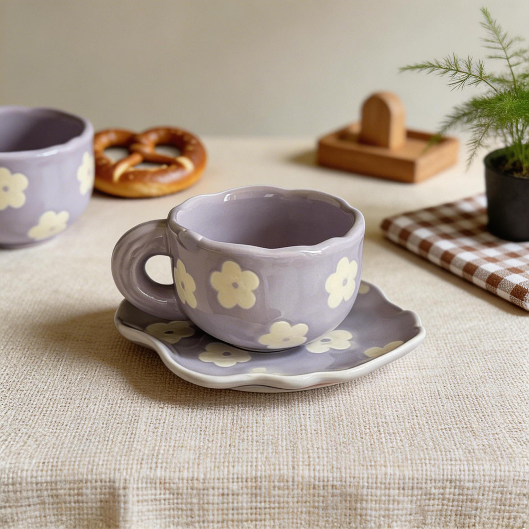 Lavender Wavy Blossom Ceramic Coffee Cup & Saucer Set – Sculpted Flower Scalloped Design