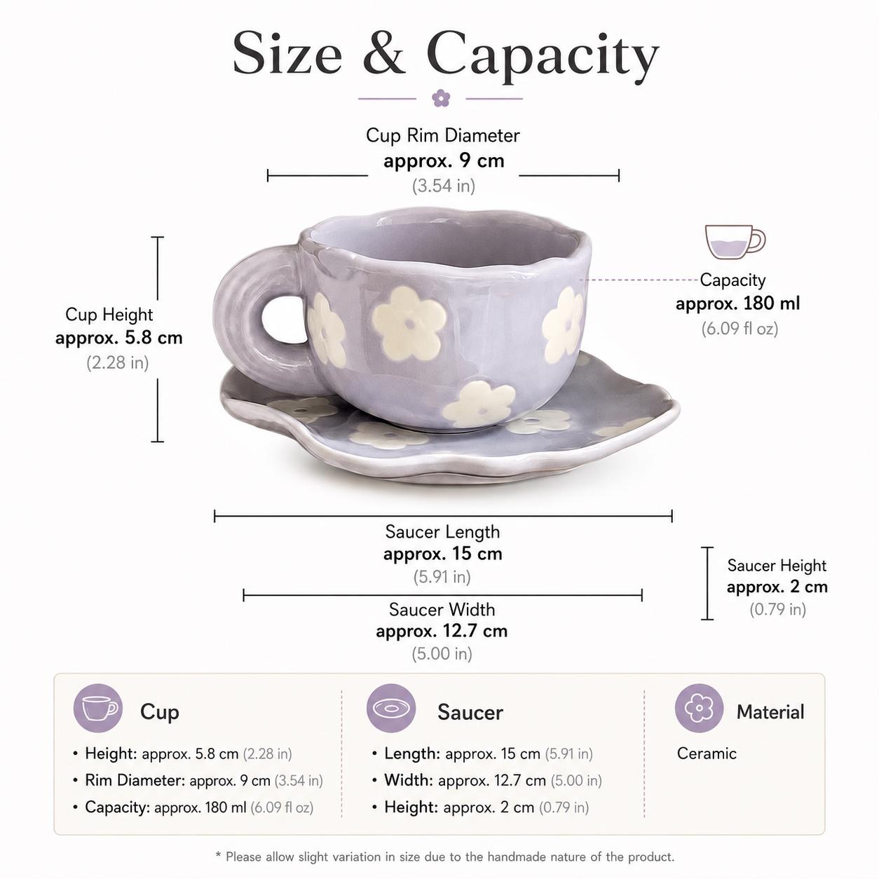Lavender Wavy Blossom Ceramic Coffee Cup & Saucer Set – Sculpted Flower Scalloped Design - Image 4