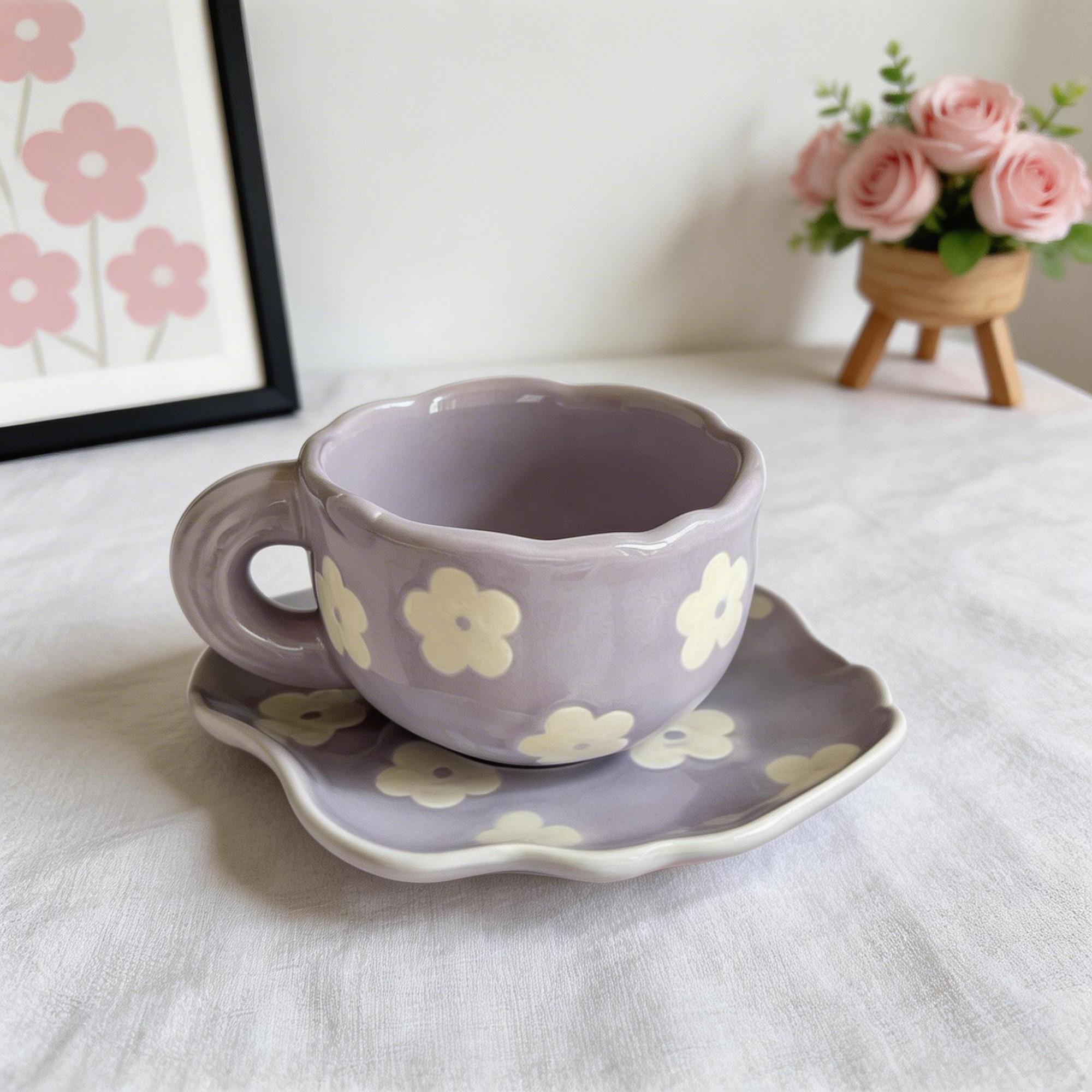 Lavender Wavy Blossom Ceramic Coffee Cup & Saucer Set – Sculpted Flower Scalloped Design - Image 5