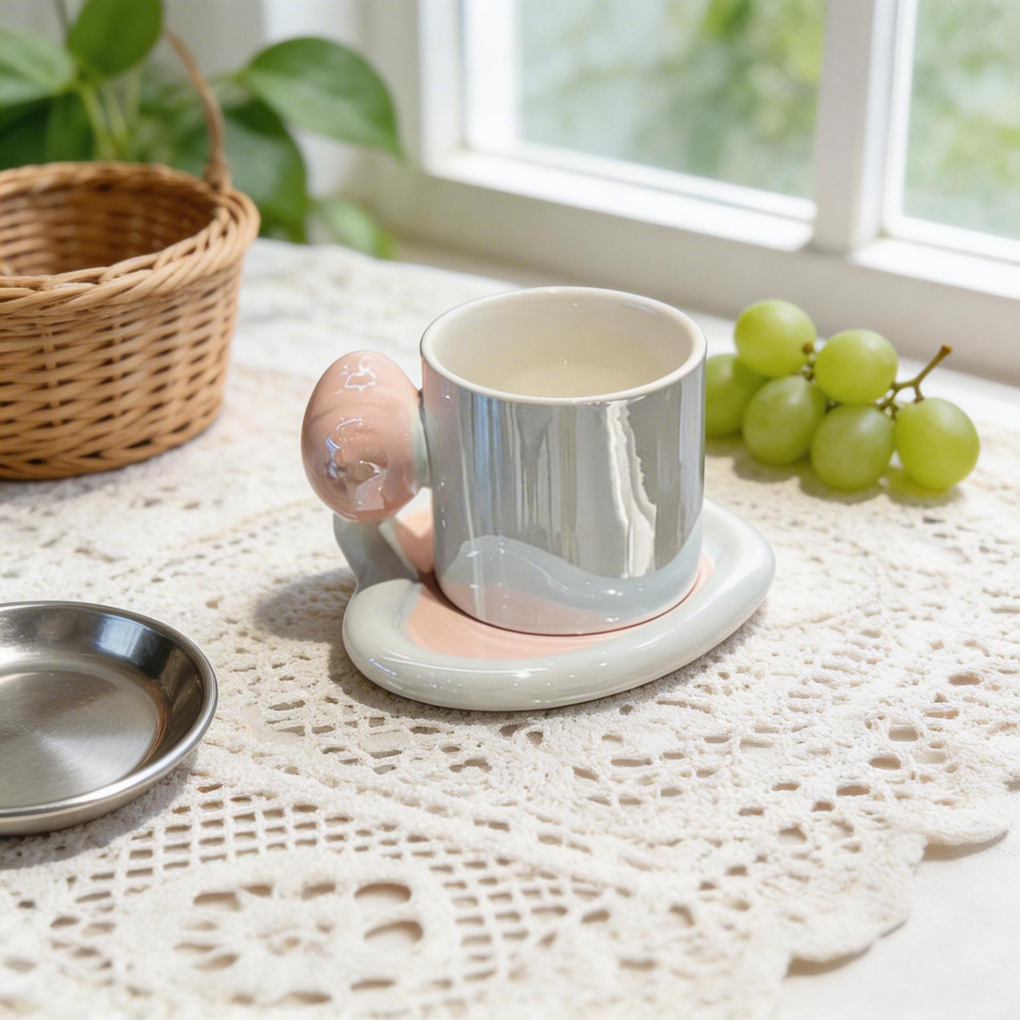 Metallic Silver Cylinder Ceramic Coffee Cup & Cloud Saucer Set – Pink Sculptural Handle Design