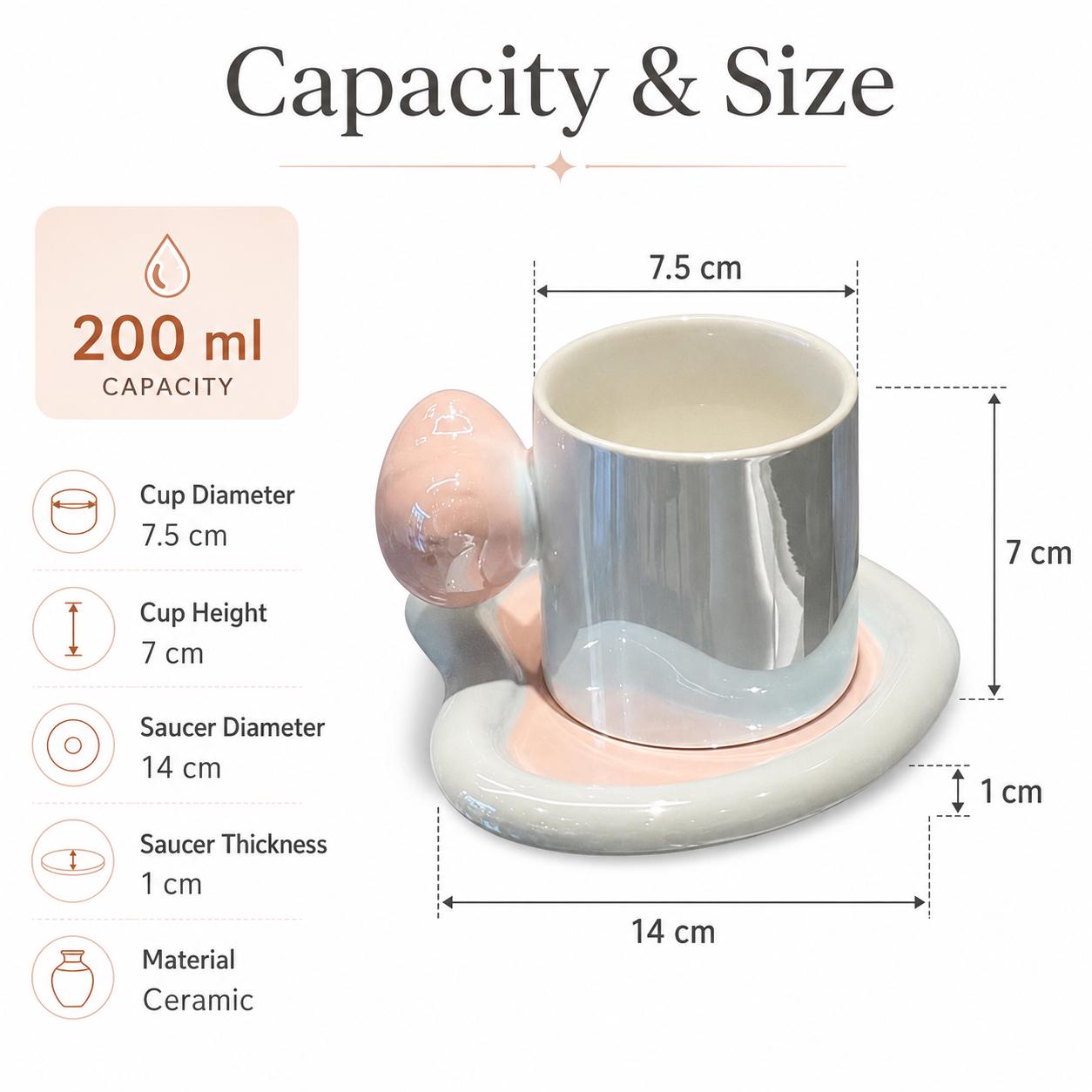 Metallic Silver Cylinder Ceramic Coffee Cup & Cloud Saucer Set – Pink Sculptural Handle Design - Image 4