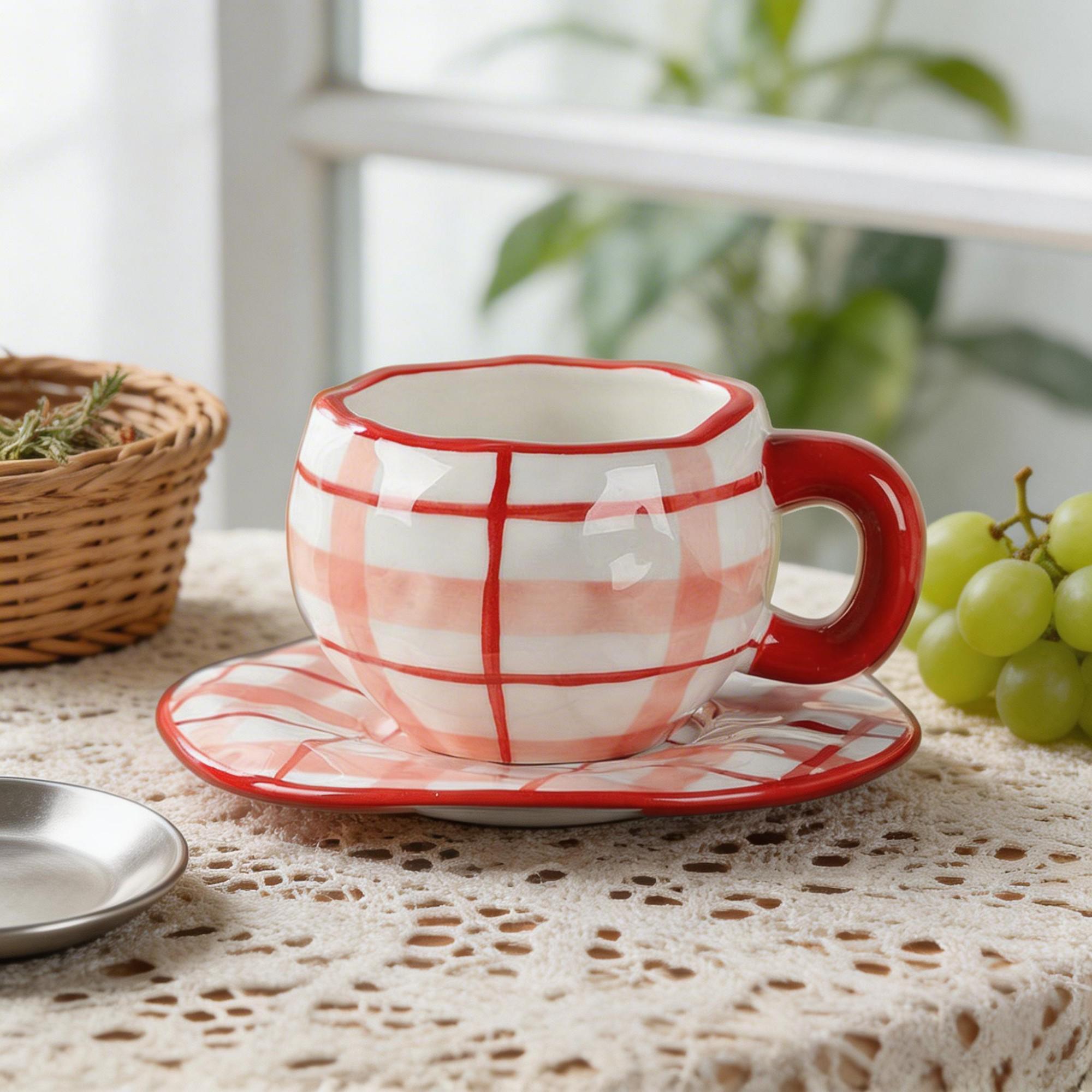 Pink Plaid Barrel-Shaped Ceramic Coffee Cup & Saucer Set – Rounded Checkered Handle Design