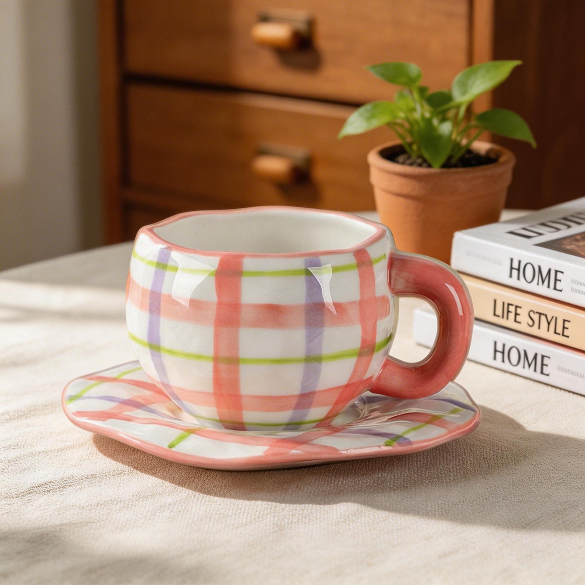 Pink Plaid Barrel-Shaped Ceramic Coffee Cup & Saucer Set – Rounded Checkered Handle Design - Image 2