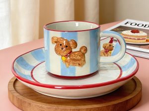 Blue Striped Puppy Ceramic Coffee Cup & Saucer Set – Raised Dog Figure Round Handle Design