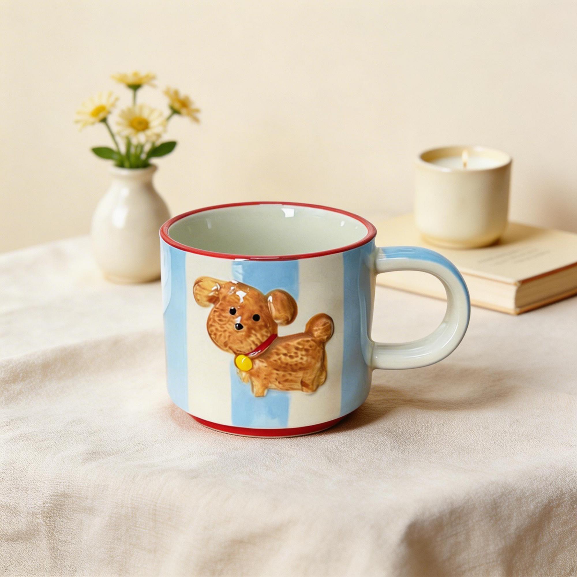 Blue Striped Puppy Ceramic Coffee Cup & Saucer Set – Raised Dog Figure Round Handle Design - Image 5