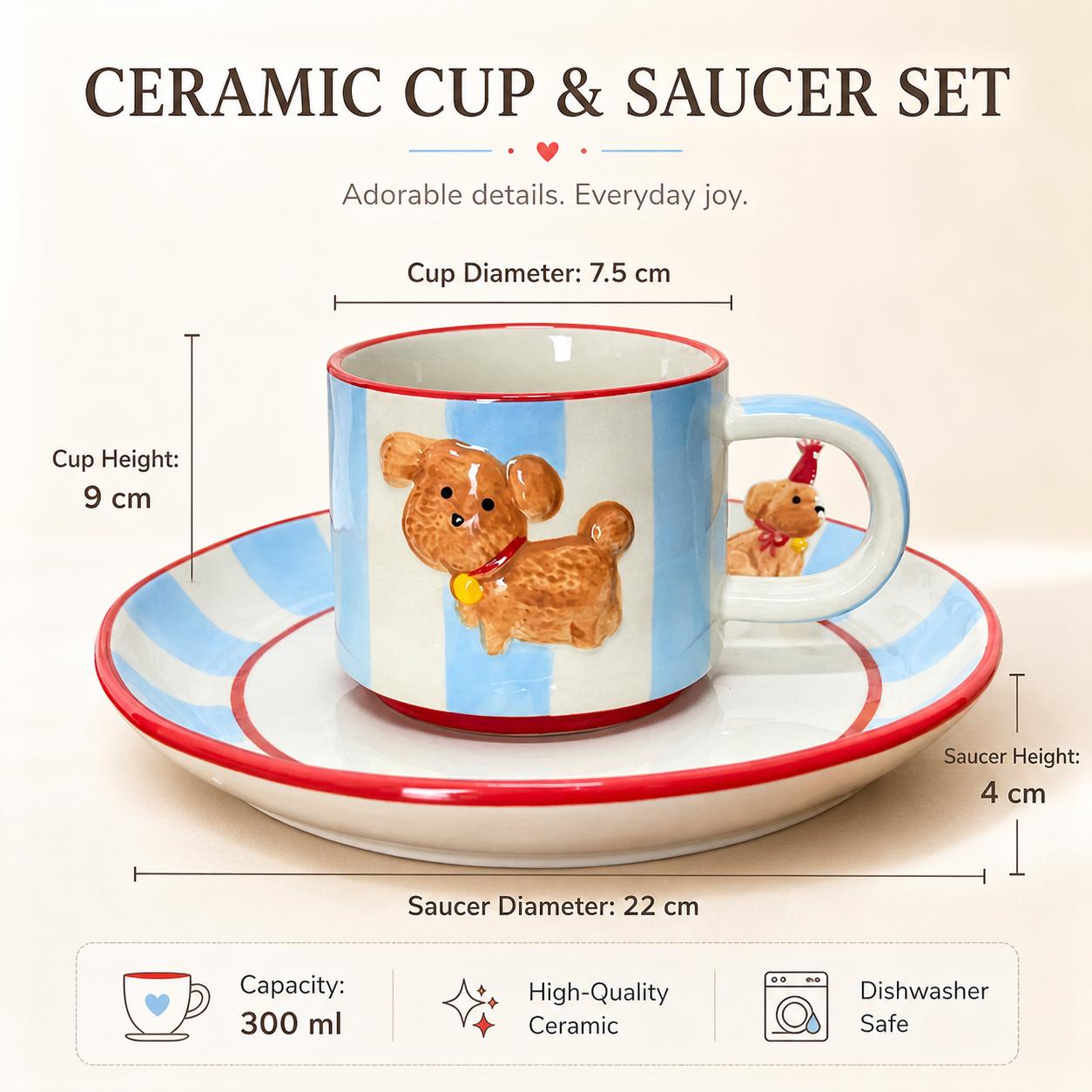 Blue Striped Puppy Ceramic Coffee Cup & Saucer Set – Raised Dog Figure Round Handle Design - Image 4