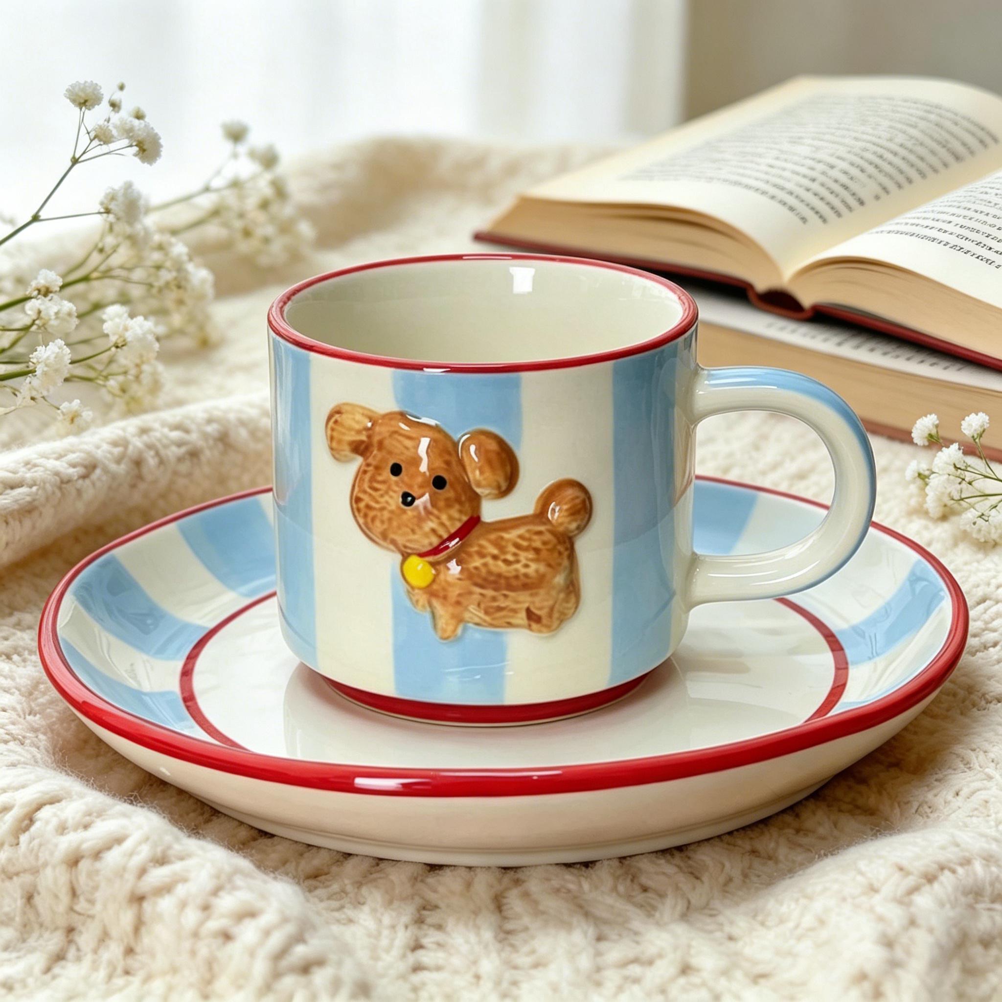 Blue Striped Puppy Ceramic Coffee Cup & Saucer Set – Raised Dog Figure Round Handle Design - Image 3