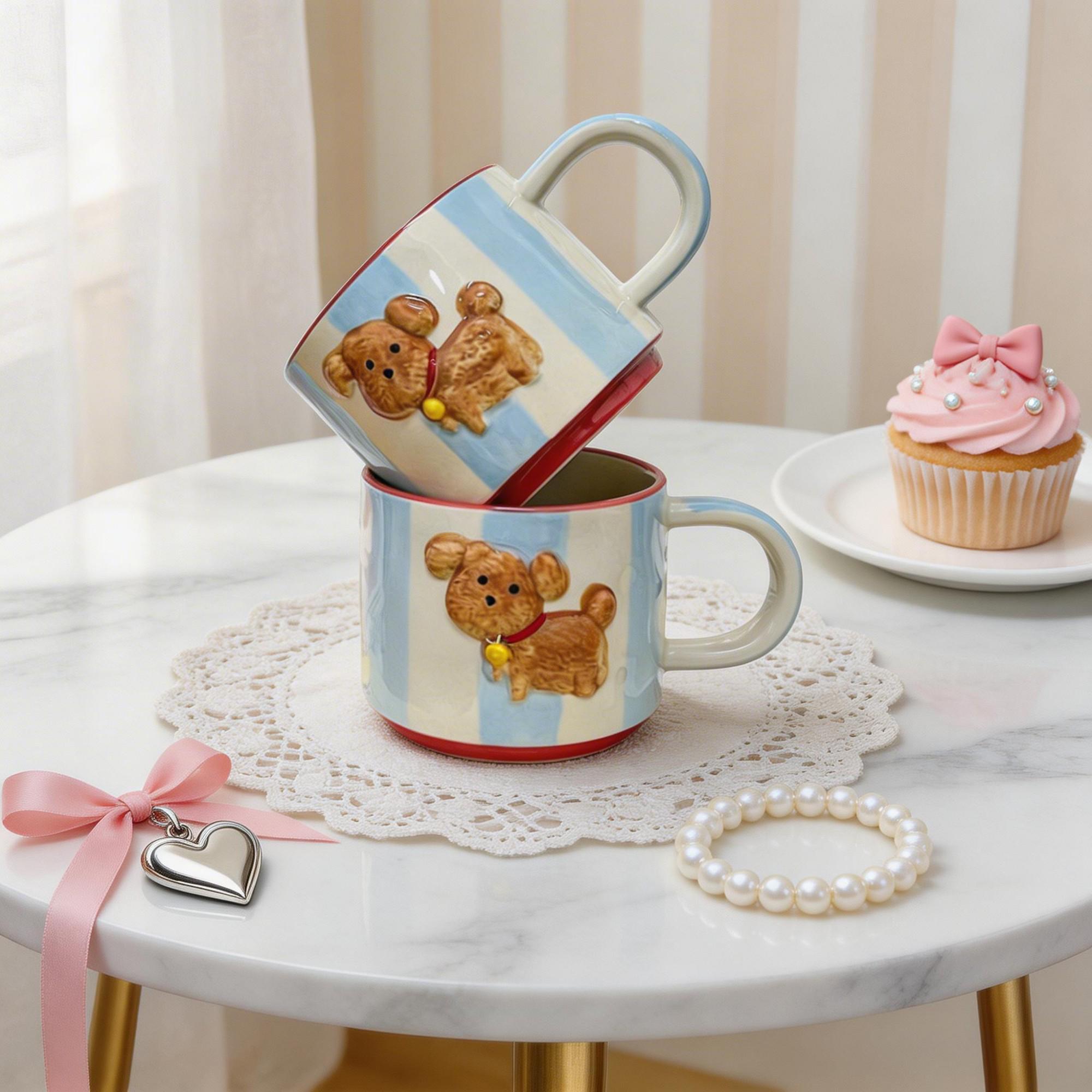 Blue Striped Puppy Ceramic Coffee Cup & Saucer Set – Raised Dog Figure Round Handle Design - Image 2