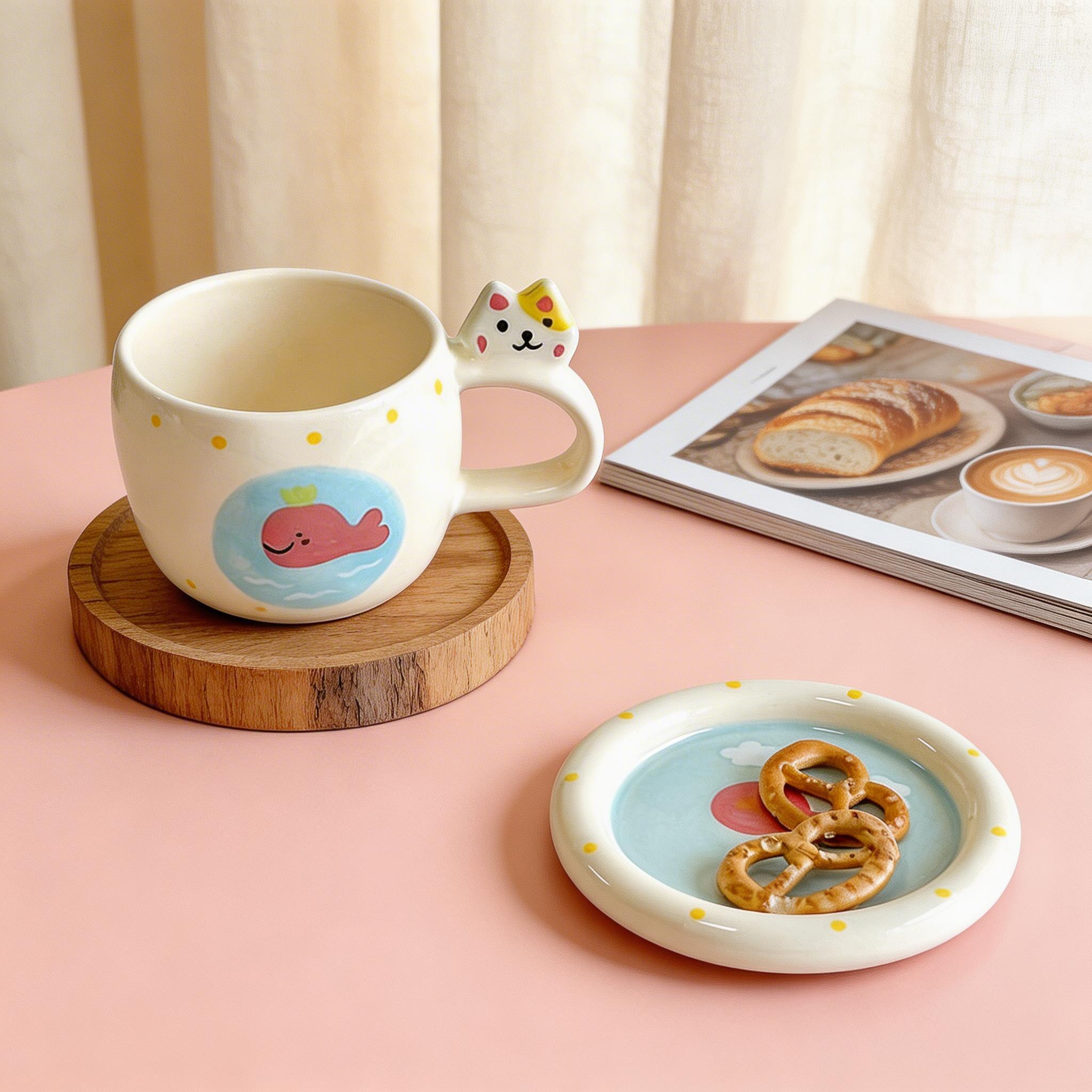Cat Ear Handle Whale Ceramic Coffee Cup & Saucer Set - Image 2