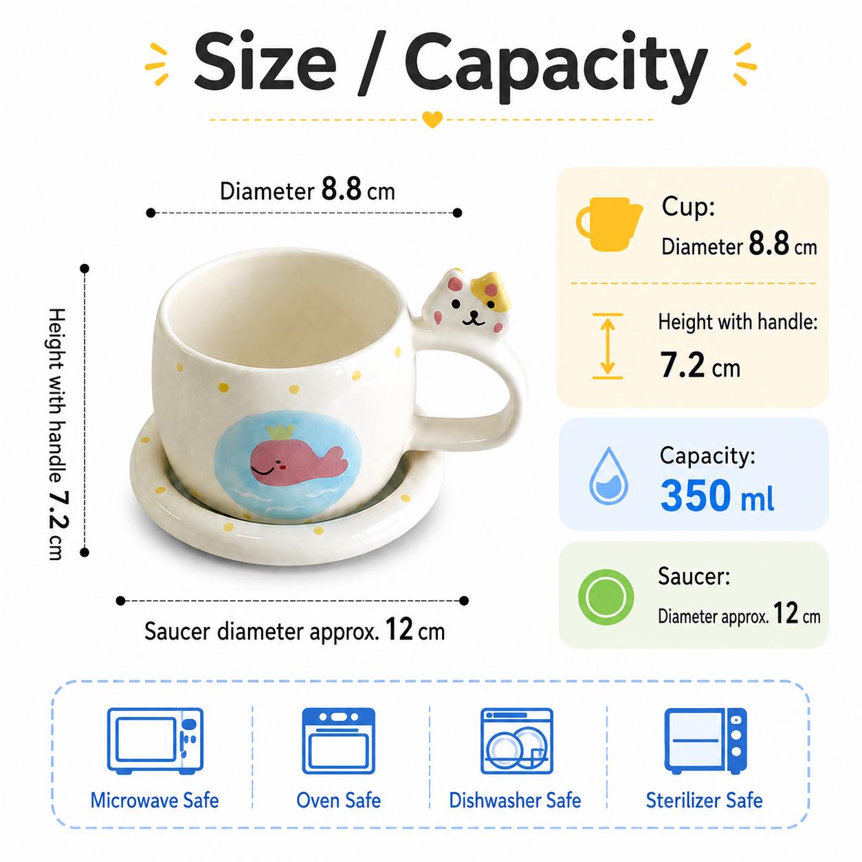 Cat Ear Handle Whale Ceramic Coffee Cup & Saucer Set - Image 5