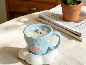 Blue Cloud Star Wavy Rim Ceramic Coffee Cup & Flower Saucer Set – Sculpted Sky Design