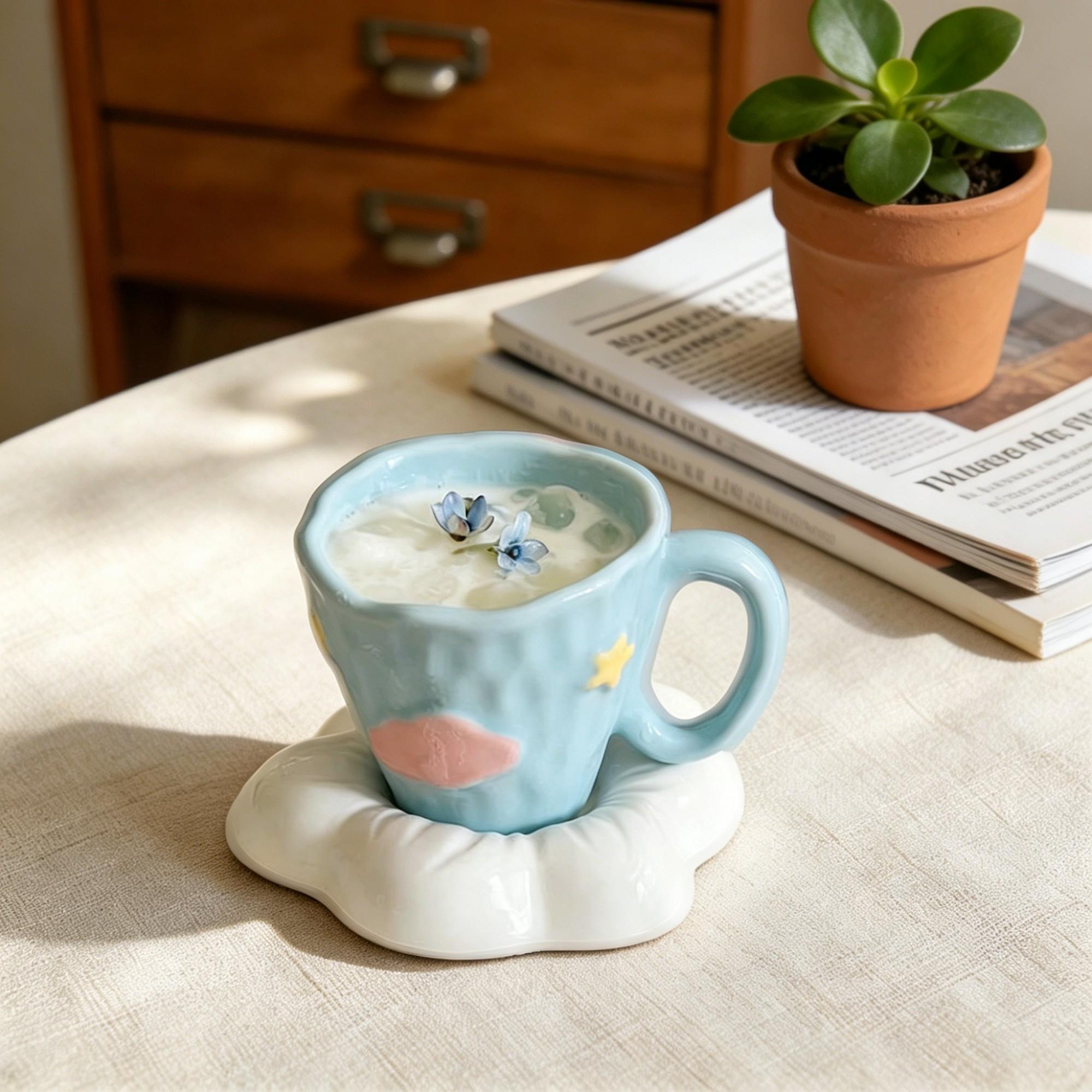 Blue Cloud Star Wavy Rim Ceramic Coffee Cup & Flower Saucer Set – Sculpted Sky Design
