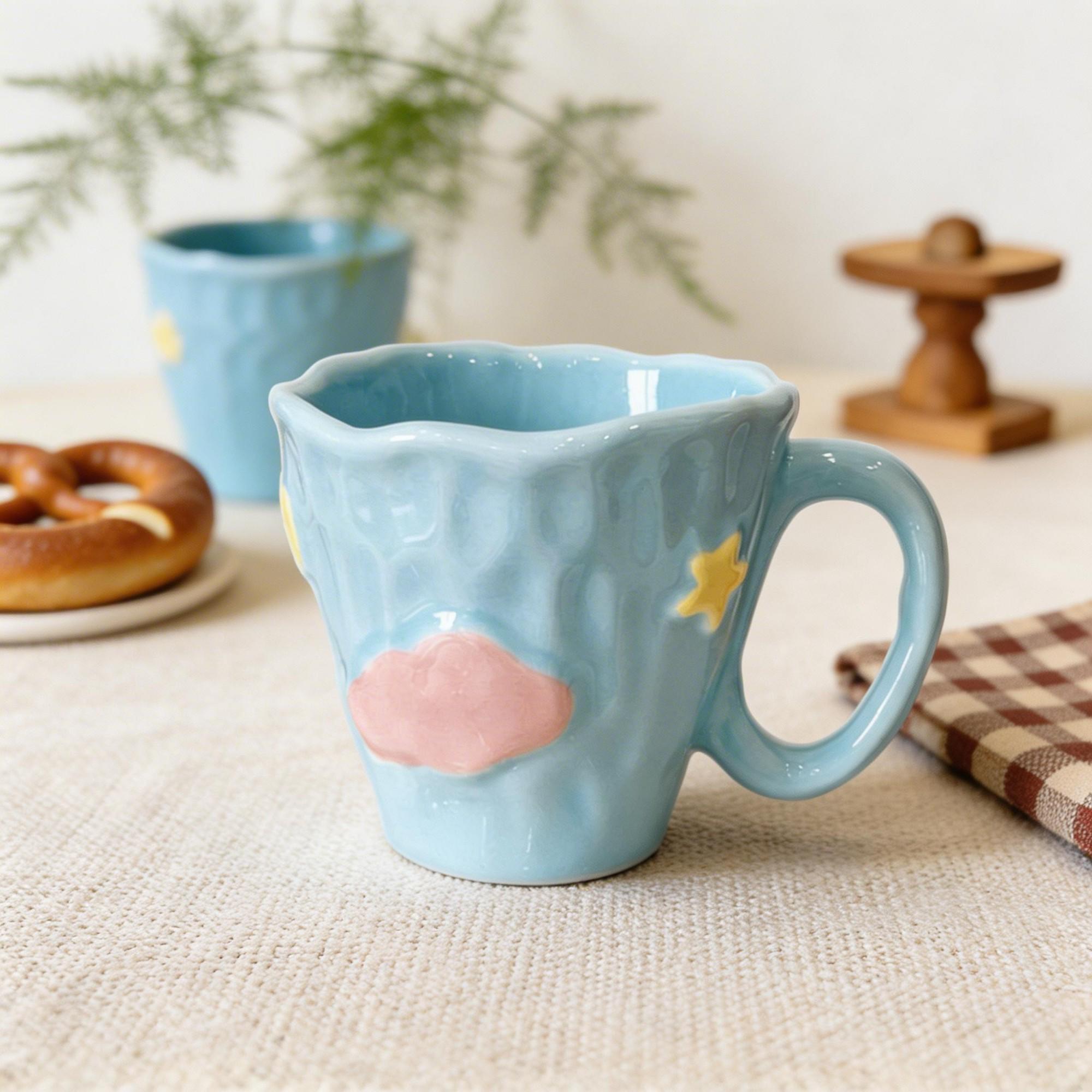 Blue Cloud Star Wavy Rim Ceramic Coffee Cup & Flower Saucer Set – Sculpted Sky Design - Image 3