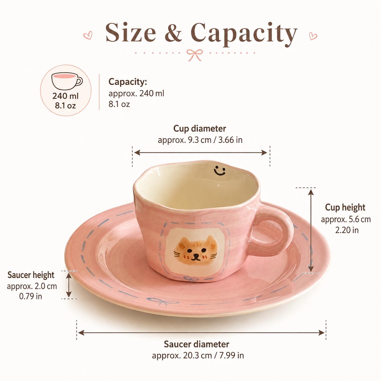 Pink Rounded Cat Toast Ceramic Coffee Cup & Saucer Set – Wide Low Cup with Oversized Round Saucer - Image 5