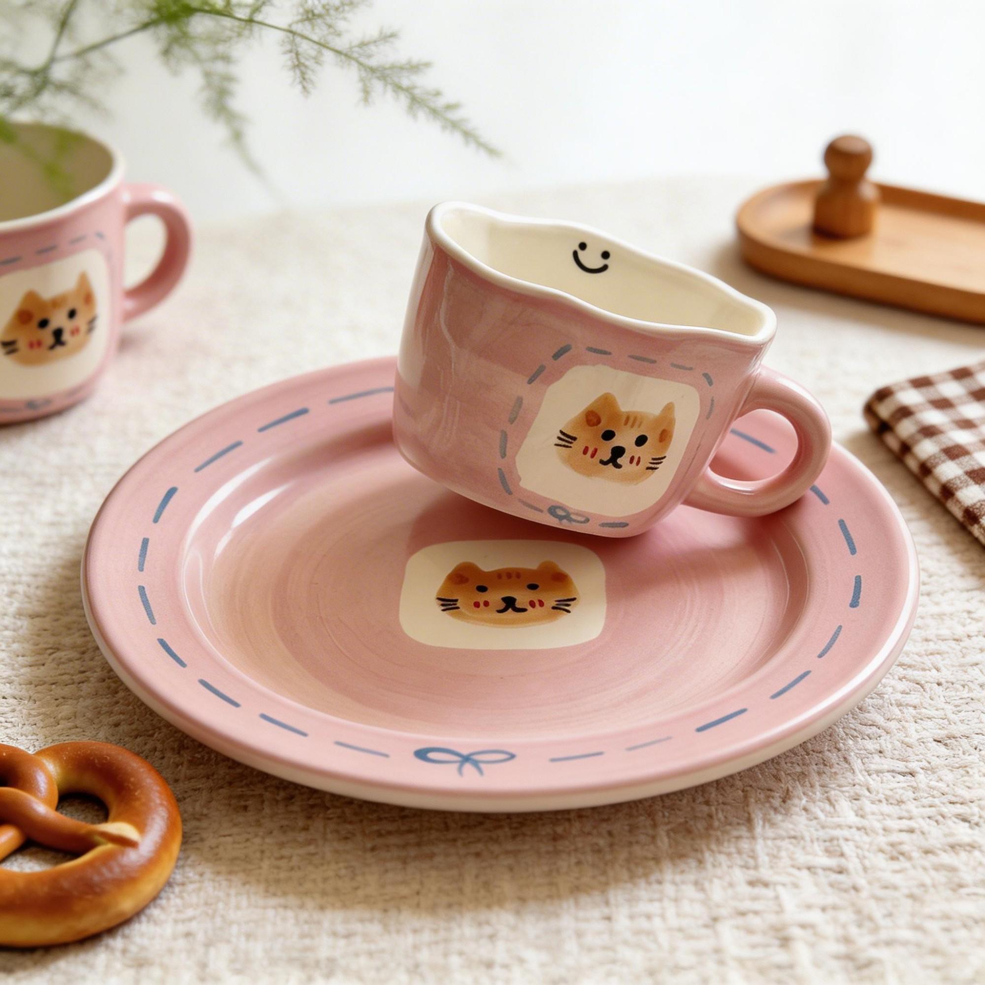 Pink Rounded Cat Toast Ceramic Coffee Cup & Saucer Set – Wide Low Cup with Oversized Round Saucer - Image 2
