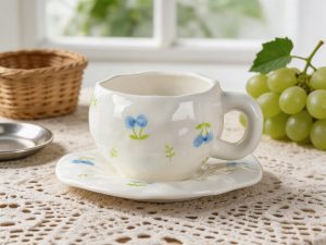 Blue Wildflower Bubble Ceramic Coffee Cup & Saucer Set – Rounded Wavy Rim Floral Design