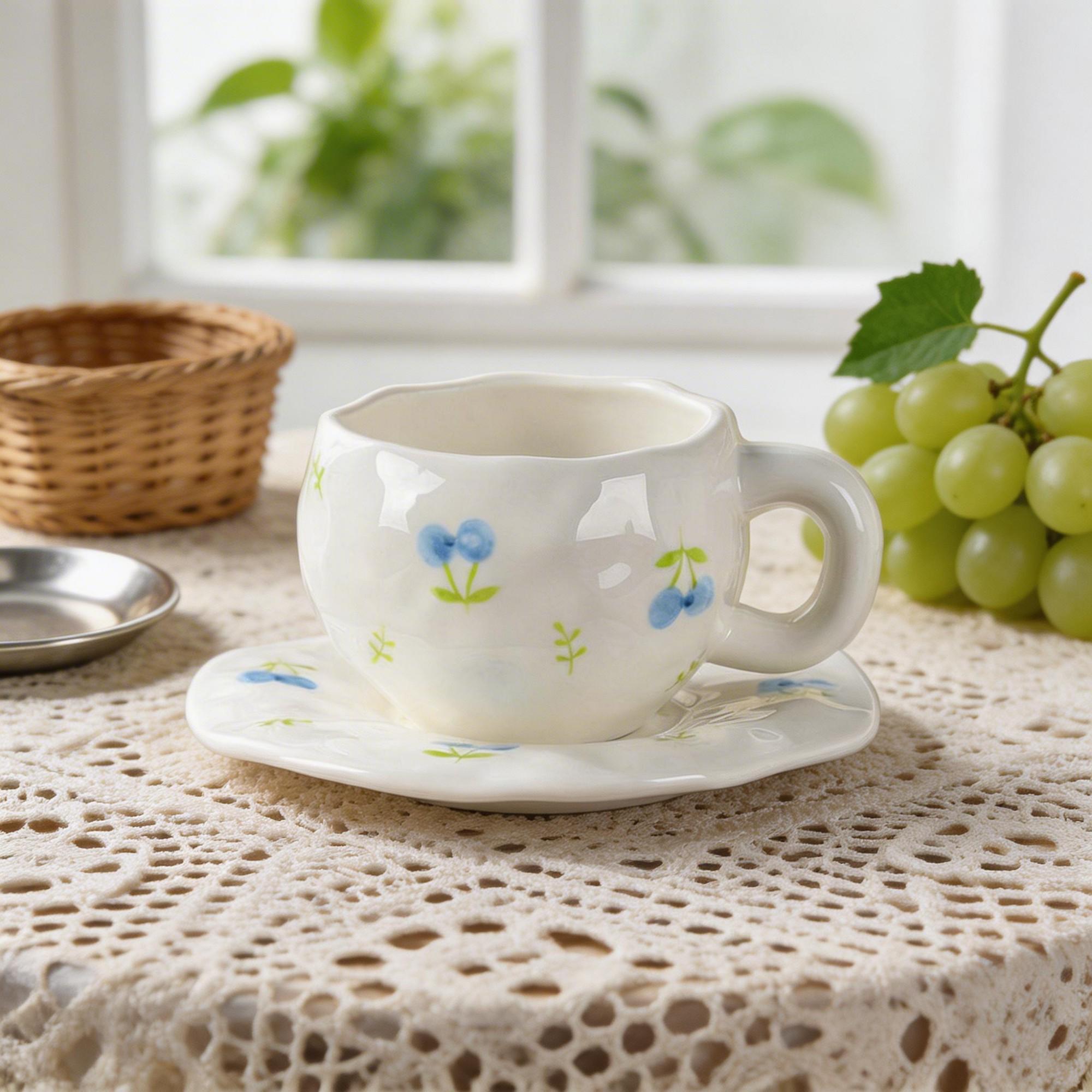 Blue Wildflower Bubble Ceramic Coffee Cup & Saucer Set – Rounded Wavy Rim Floral Design