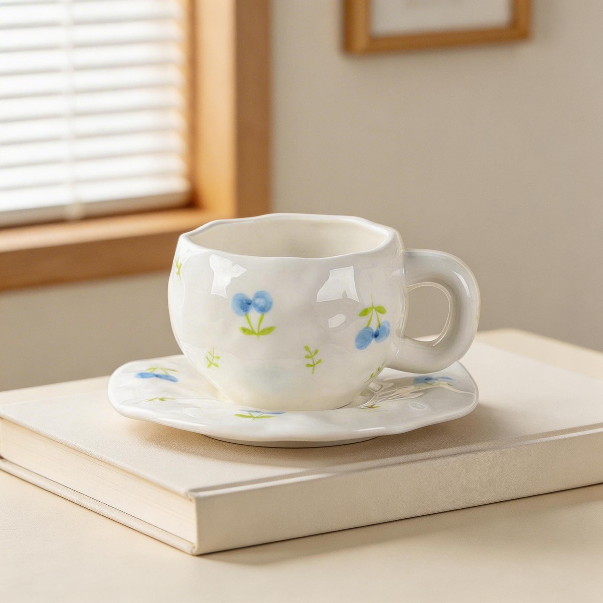 Blue Wildflower Bubble Ceramic Coffee Cup & Saucer Set – Rounded Wavy Rim Floral Design - Image 3