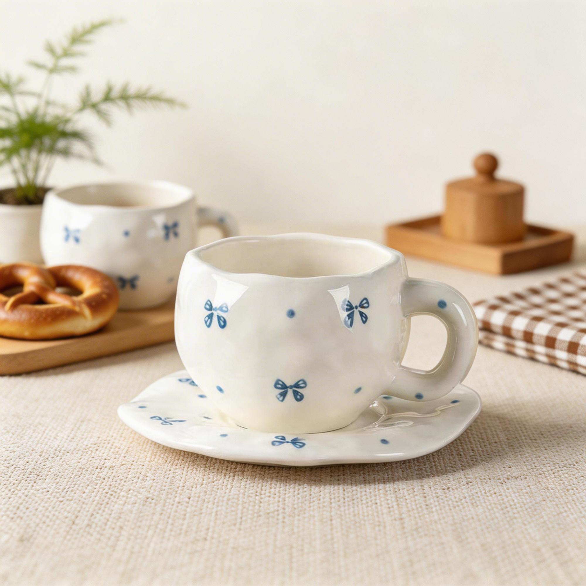 Blue Wildflower Bubble Ceramic Coffee Cup & Saucer Set – Rounded Wavy Rim Floral Design - Image 4