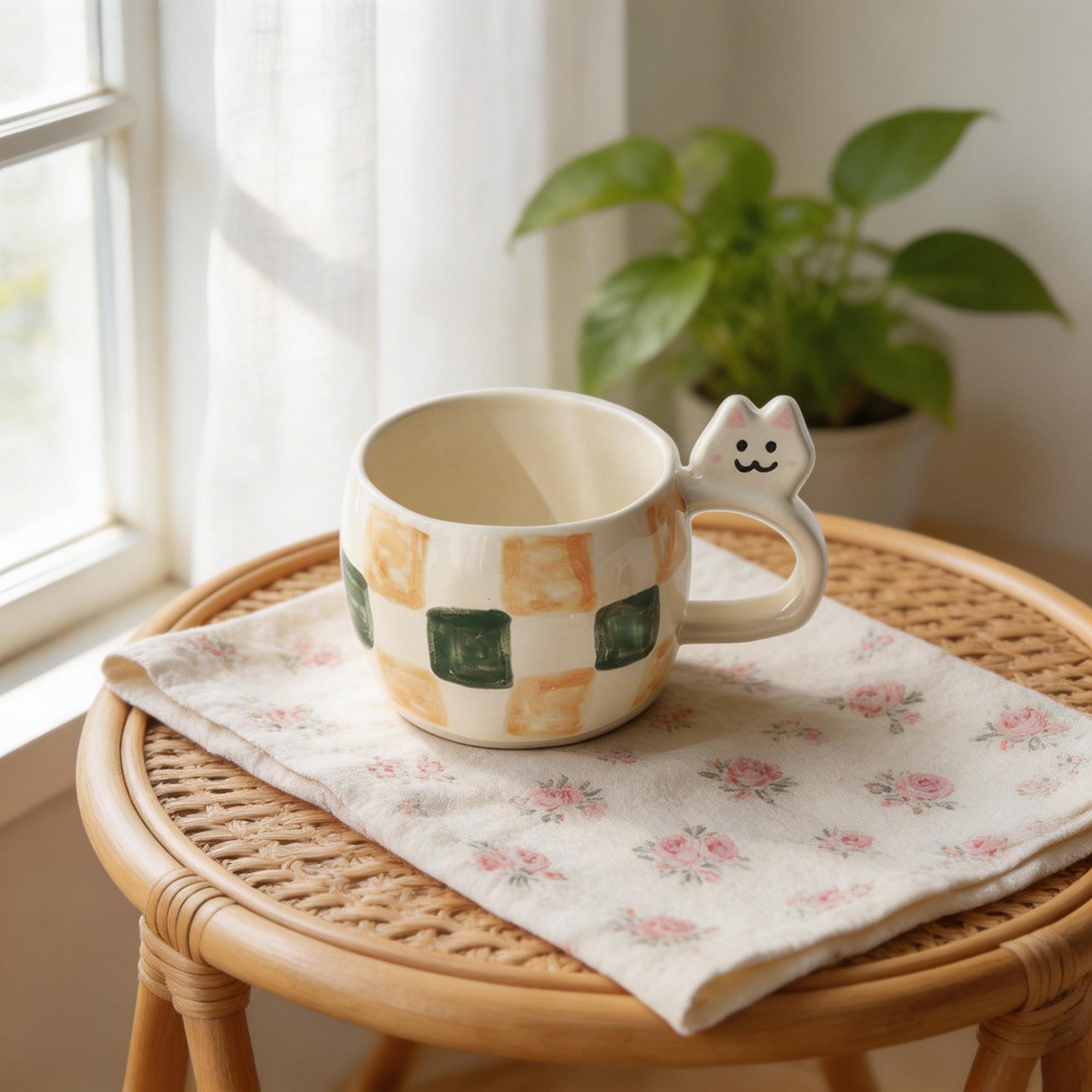 Checkered Puppy Handle Ceramic Coffee Cup & Yellow Saucer Set – Rounded Dog Ear Mug Design