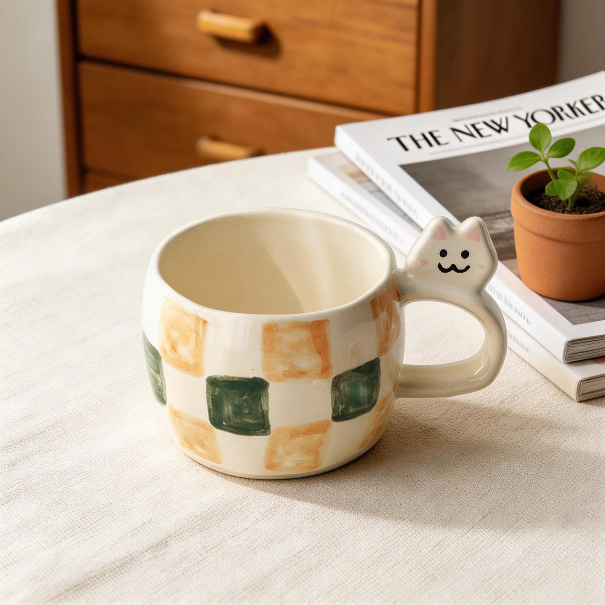 Checkered Puppy Handle Ceramic Coffee Cup & Yellow Saucer Set – Rounded Dog Ear Mug Design - Image 2